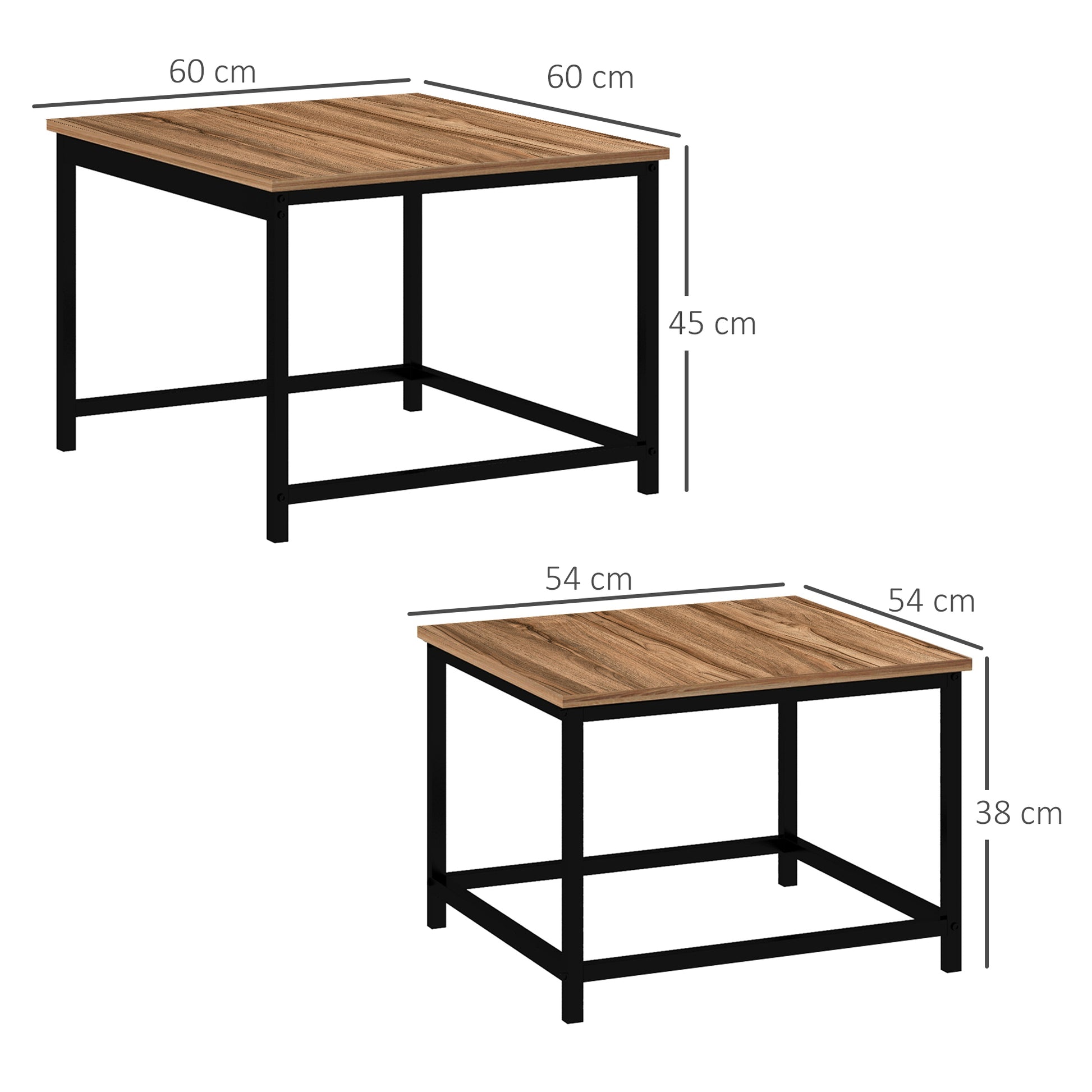 Set aus 2 Beistelltischen, Industrial Design, schwarzer Stahlrahmen, Tischplatte in Holzoptik
