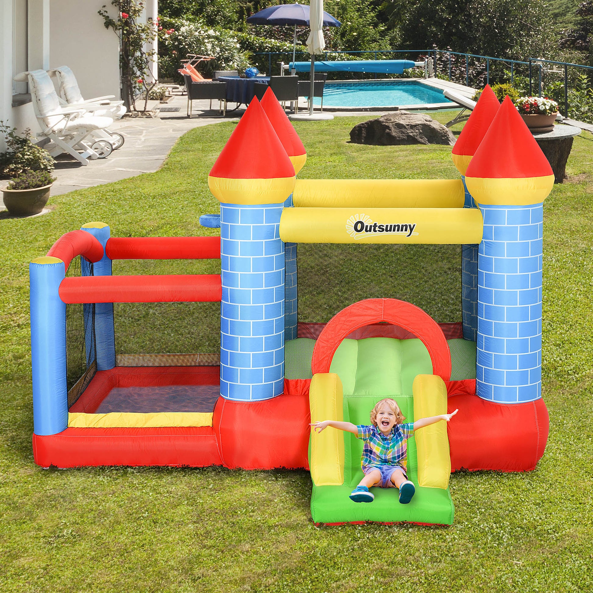 Aufblasbare Hüpfburg mit Rutsche Pool für 3 Kinder Burg mit Gebläse,3-8 Jahre 280x260x210 cm