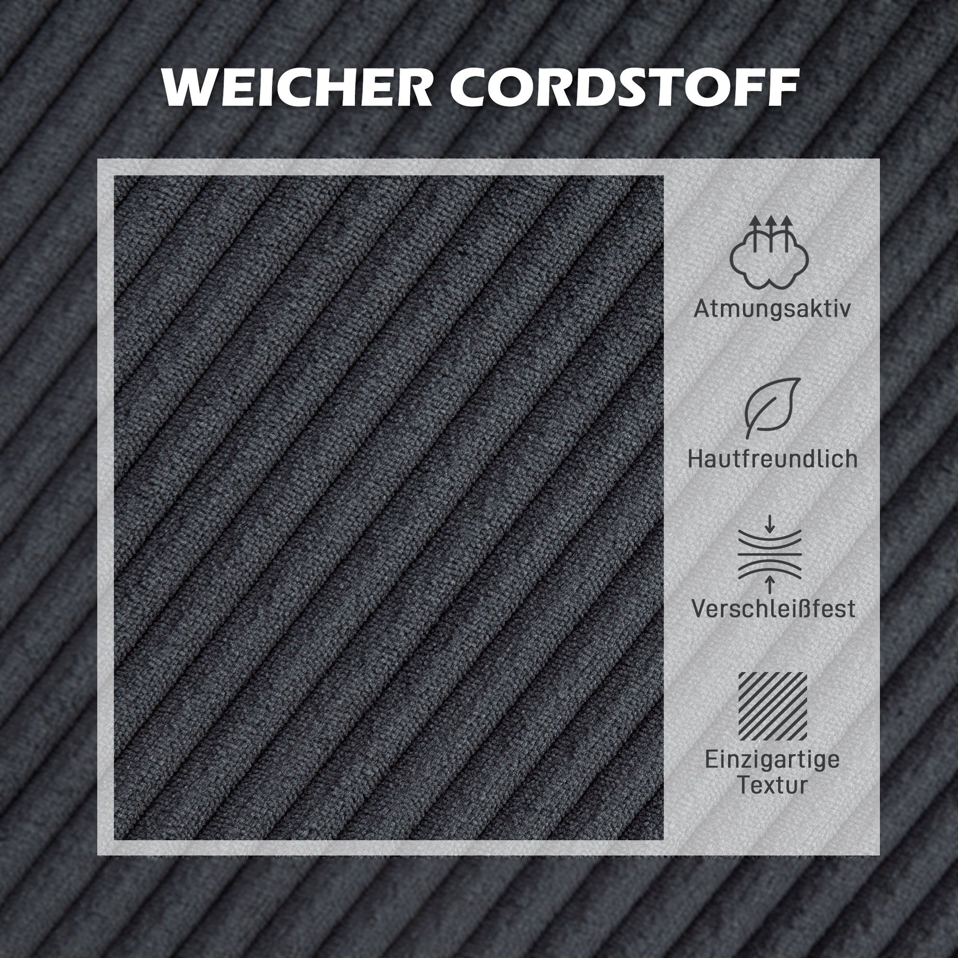 Ecksofa mit Chaiselongue 3 Sitzer L Form Gepolsterte mit Cord-Optik, Hochdichtem Schaumstoff, 214 x 134 x 87 cm Dunkelgrau