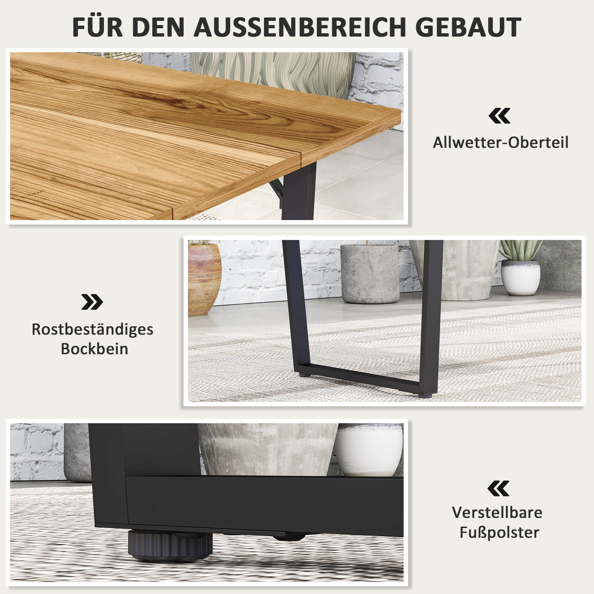 Gartentisch Holz 175x80 cm Wetterfest mit Schirmloch, Balkontisch für 6 Personen, Braun