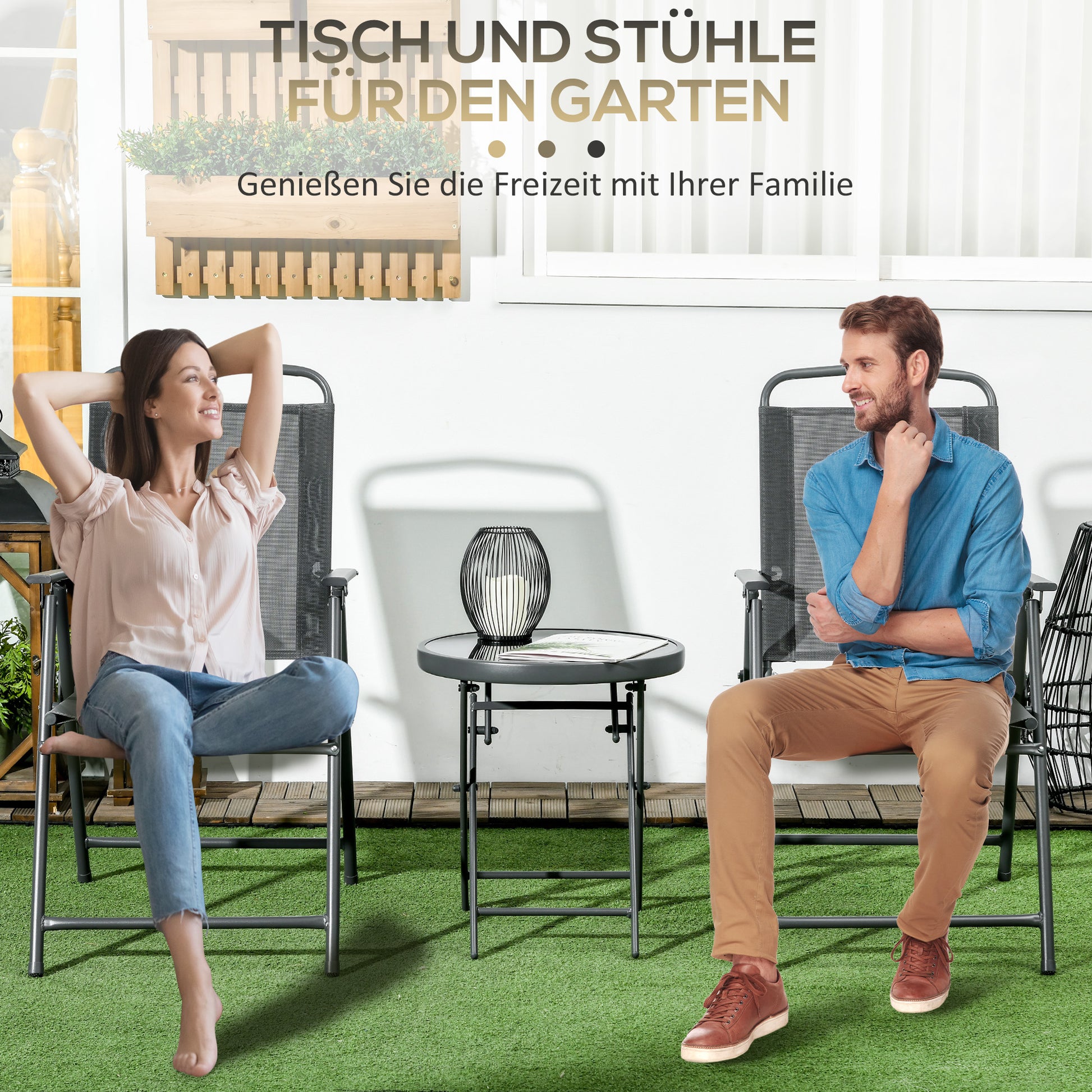 Bistro-Set 3-teilig aus Metall Wetterfest Gartenmöbel Set mit klappbar Glastisch Gartenstühlen