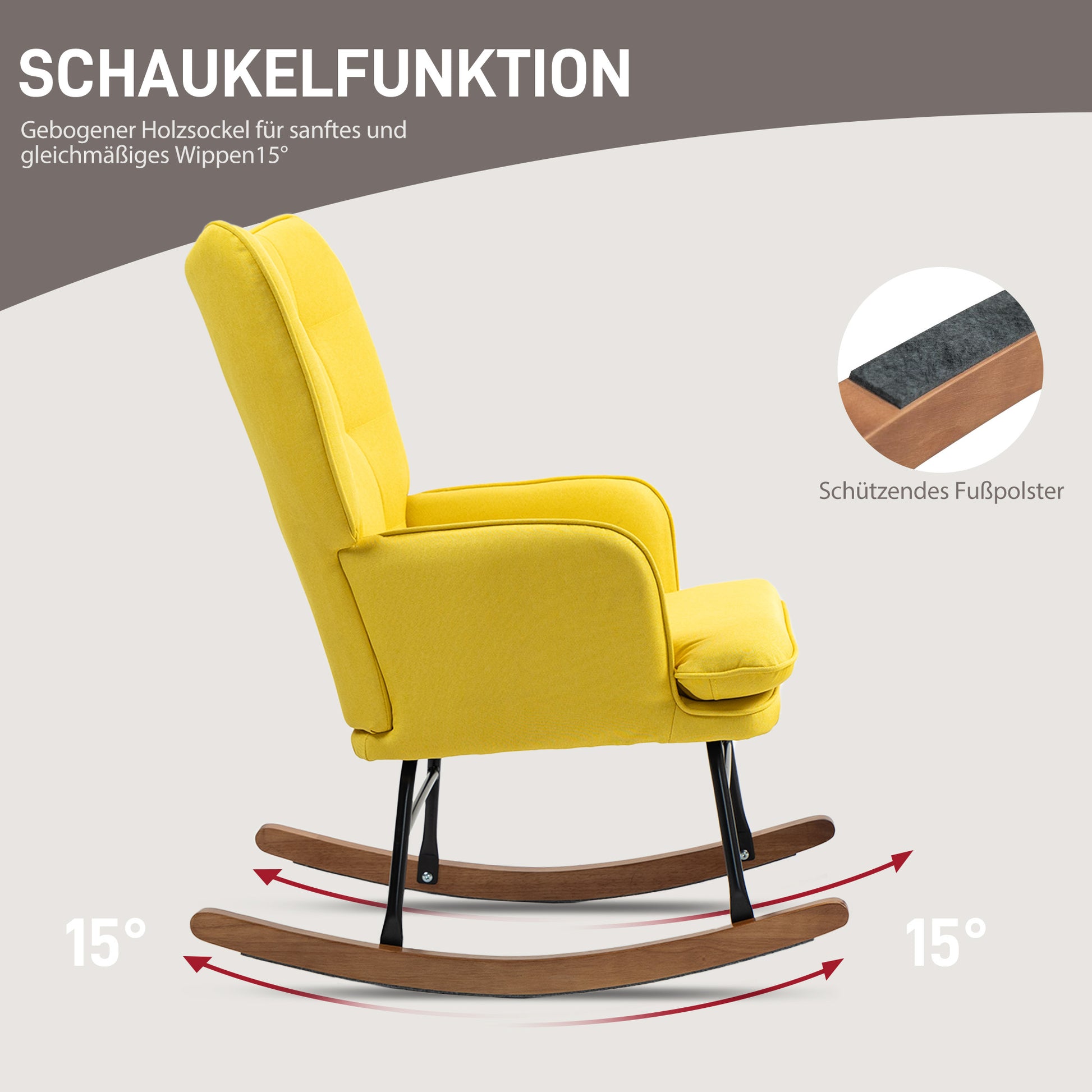 Schaukelstuhl mit Ottomane Skandidesign mit Fußhocker, Buchenholz, Steppung, 64 cm x 89 cm x 90 cm