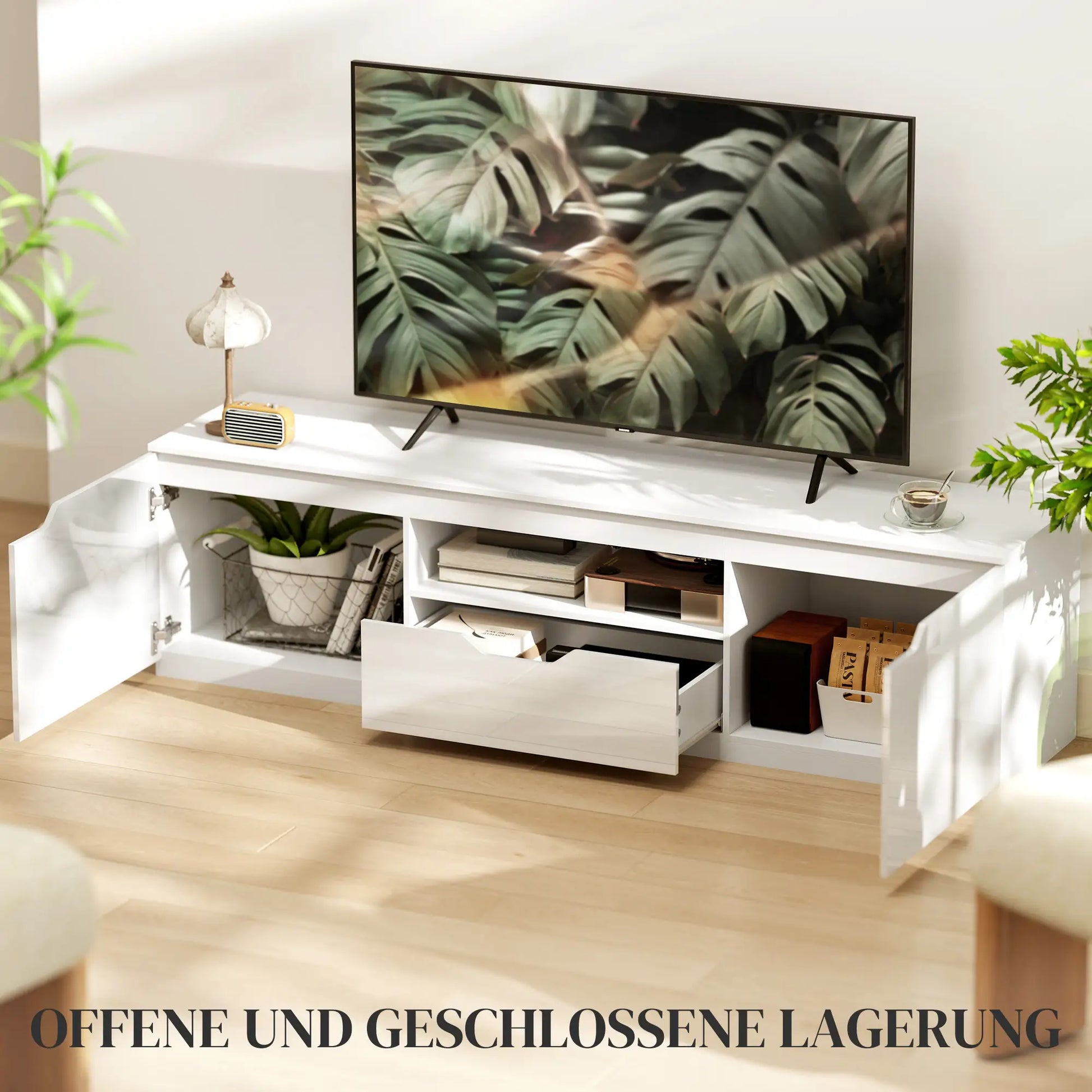 TV-Lowboard, Hochglanz, für Fernseher bis 65'', 3 Fächer, Schublade, 160 x 38 x 43 cm