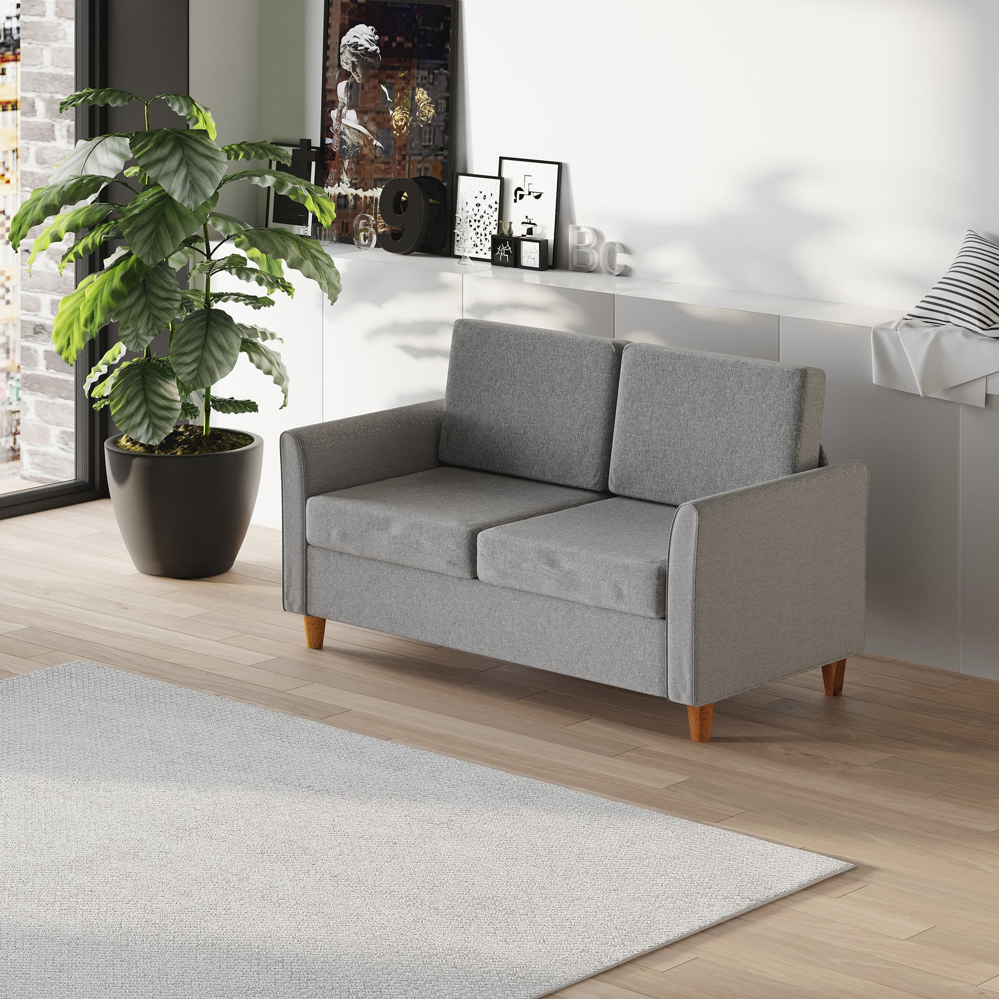2 Sitzer Sofa, Abnehmbare Kissen, Leinen, Schaumstoff, Kautschukholz, Hellgrau, 141 x 70 x 78 cm