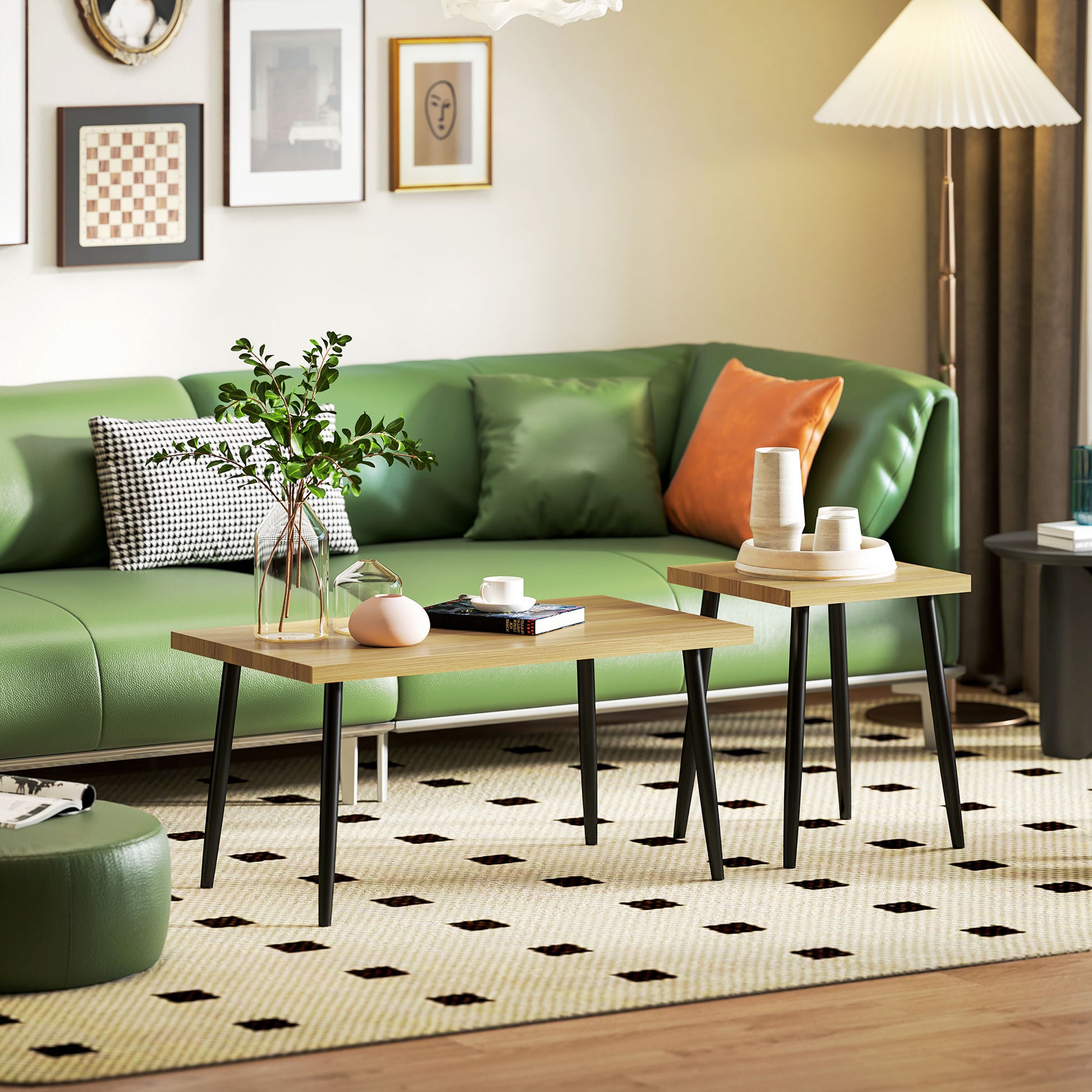 2er-Set Kaffeetische mit Metallrahmen und Holzplatte, Flexible Couchtische, Naturholz