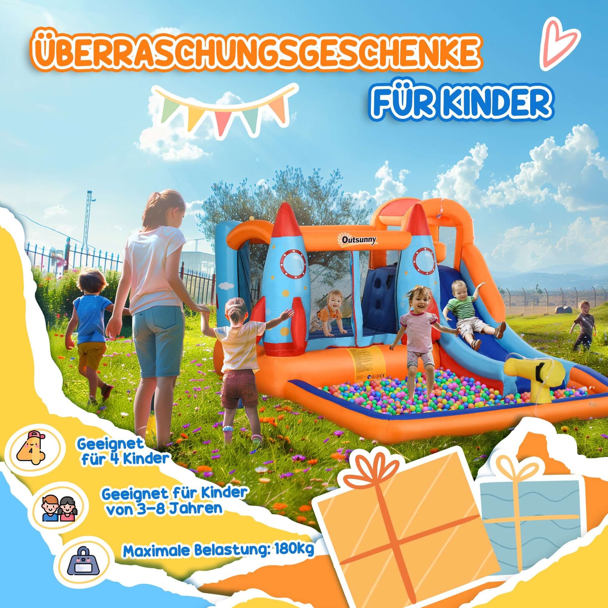 Outsunny Aufblasbare Hüpfburg mit Rutsche, Pool & Kletterwand – 350 × 250 × 185 cm – inkl. Gebläse & Zubehör – Mehrfarbig