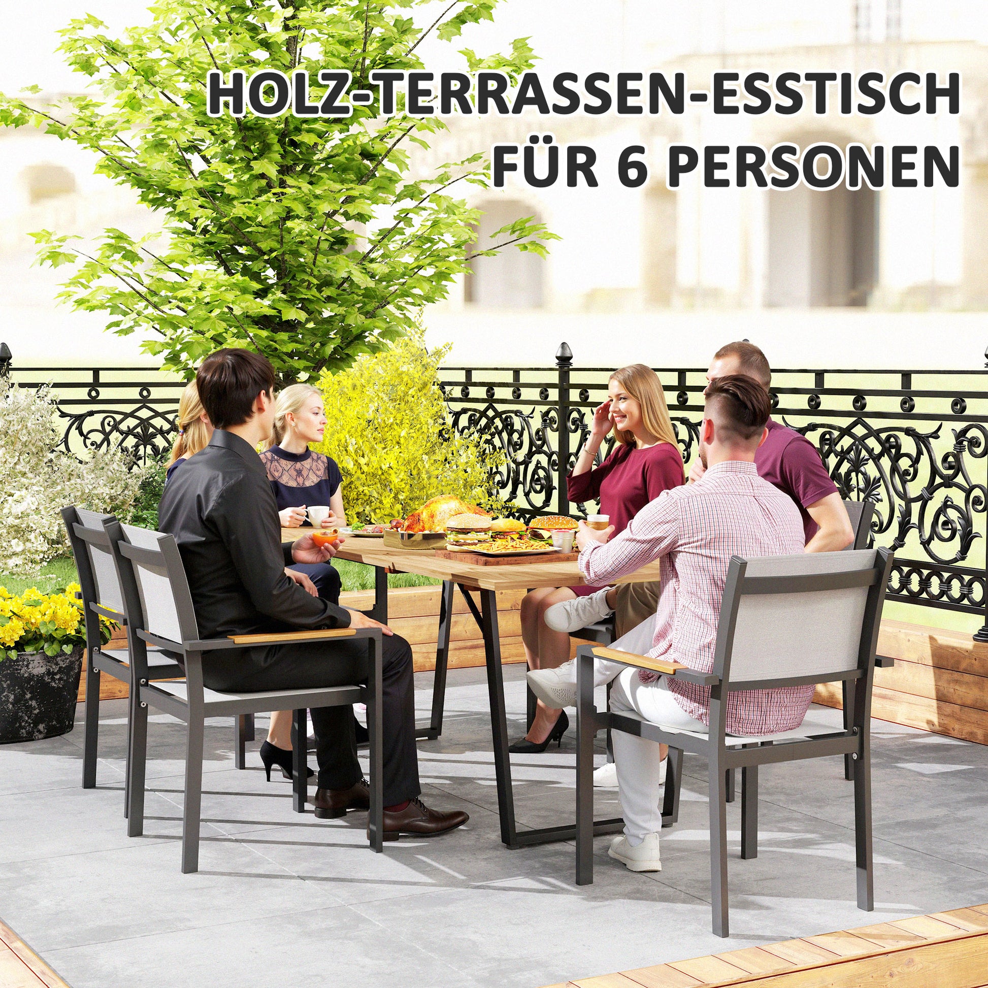 Gartentisch Holz 175x80 cm Wetterfest mit Schirmloch, Balkontisch für 6 Personen, Braun