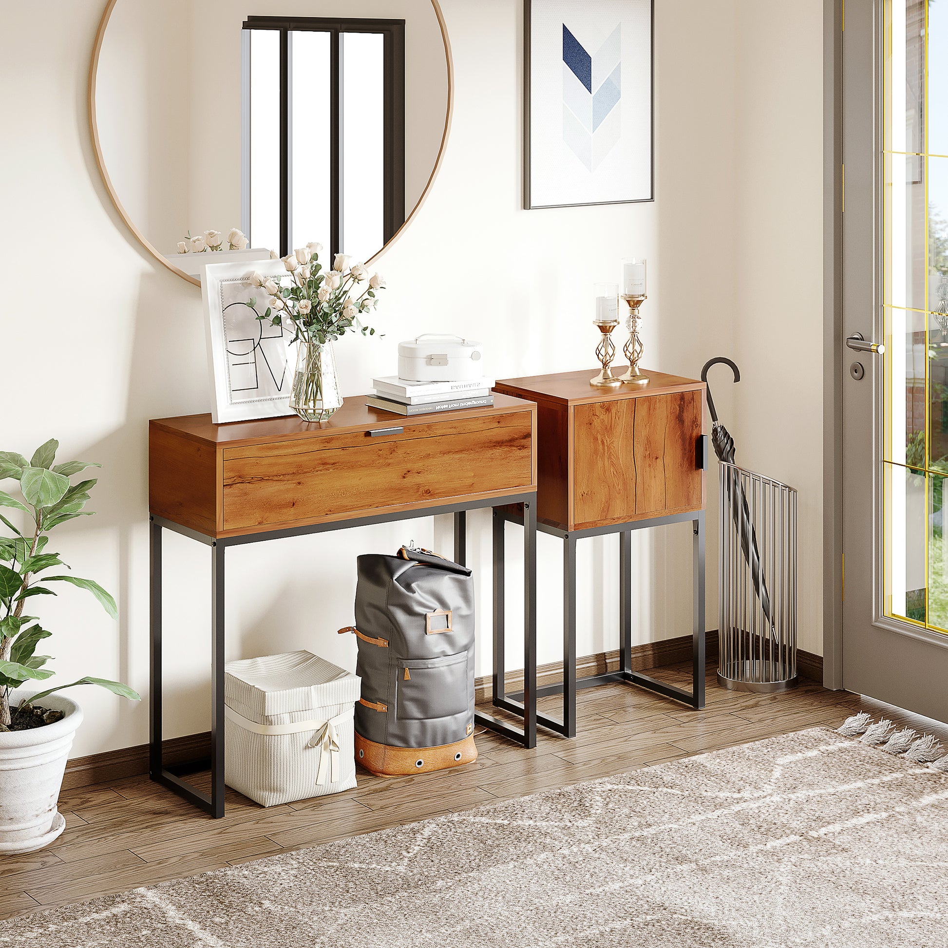 Konsolentisch im Industiriedesign, Beistelltisch, Sideboard, 1 Schrank, Braun + Schwarz