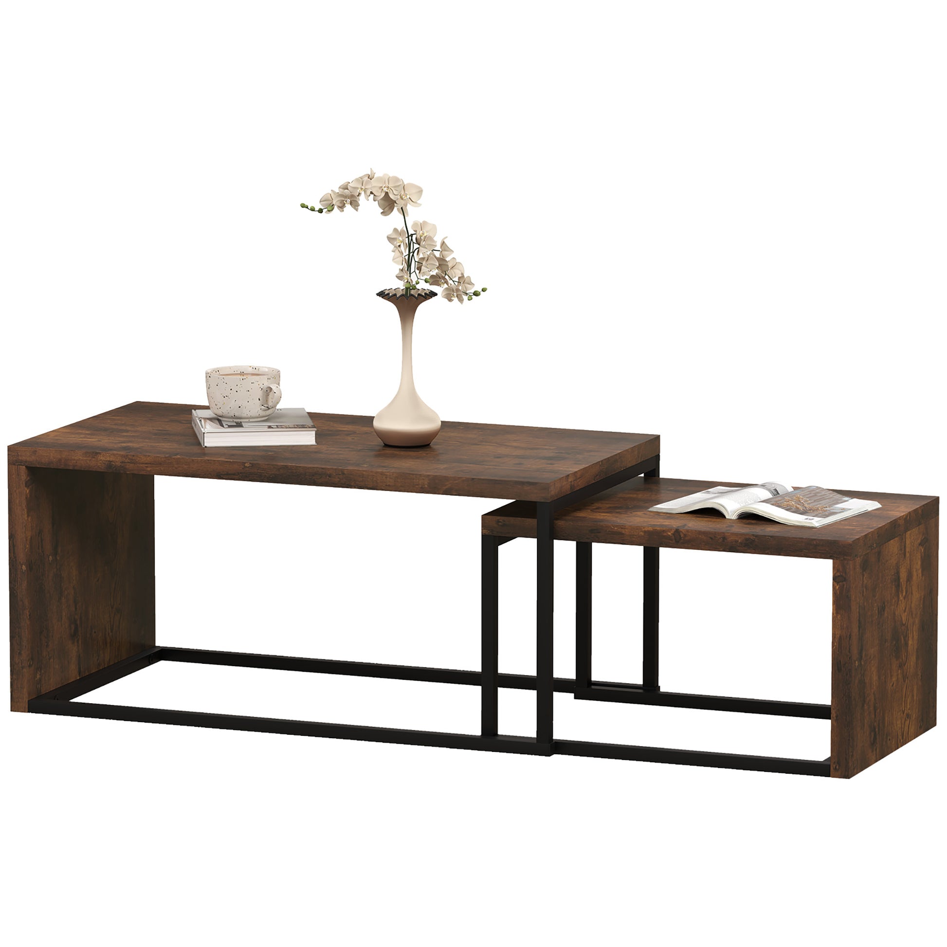 2er-Set Couchtisch, Sofatisch, Beistelltisch, MDF, Metall, Schwarz+Braun