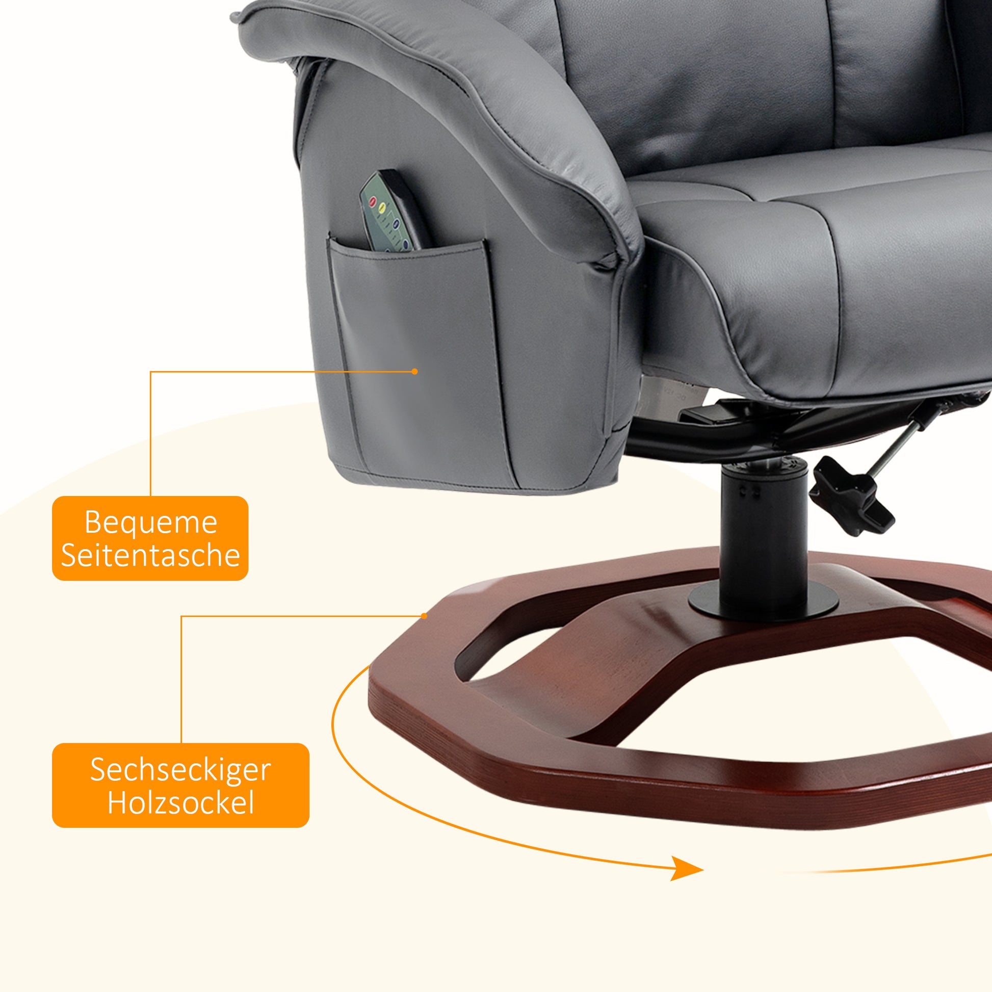 Massagesessel mit Hocker, Liegefunktion, Fernbedienung, drehbar, Lederoptik, bis 150 kg