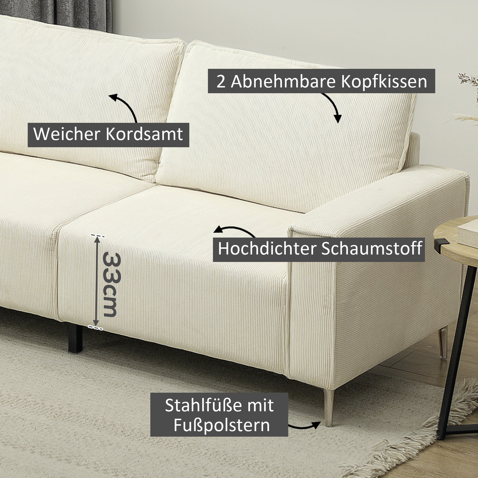 Modernes 3-Sitzer-Sofa, Weiche Couch mit Rückenkissen, 193B x 77T x 80H cm, Cremeweiß