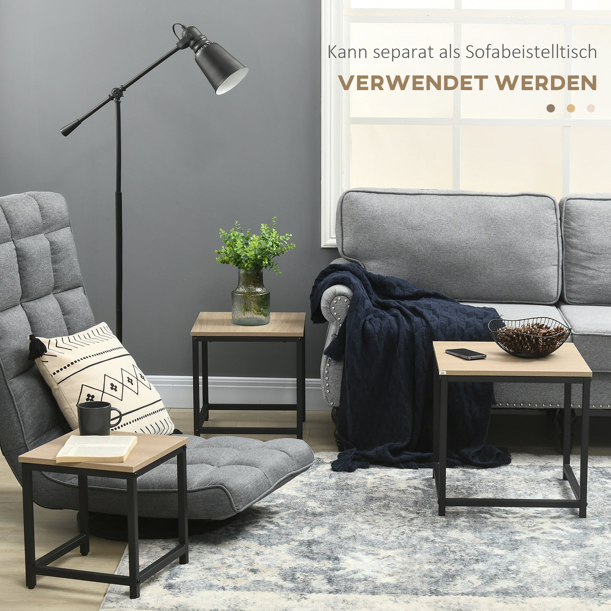 Set aus 3 Beistelltischen, Industrial Design, schwarzer Stahlrahmen, Tischplatte in Holzoptik