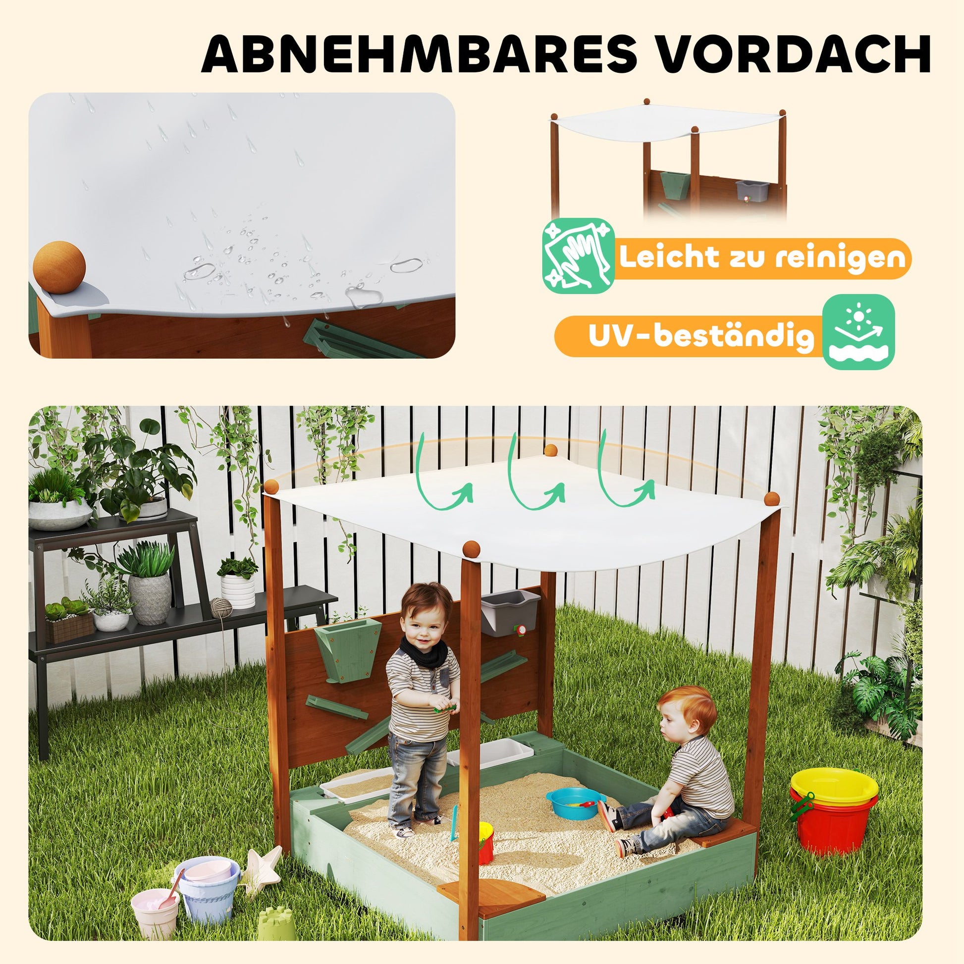 Sandkasten mit Sonnendach für Kinder, 2 Aufbewahrungsbehälter, 116L x 112,5B x 128H cm