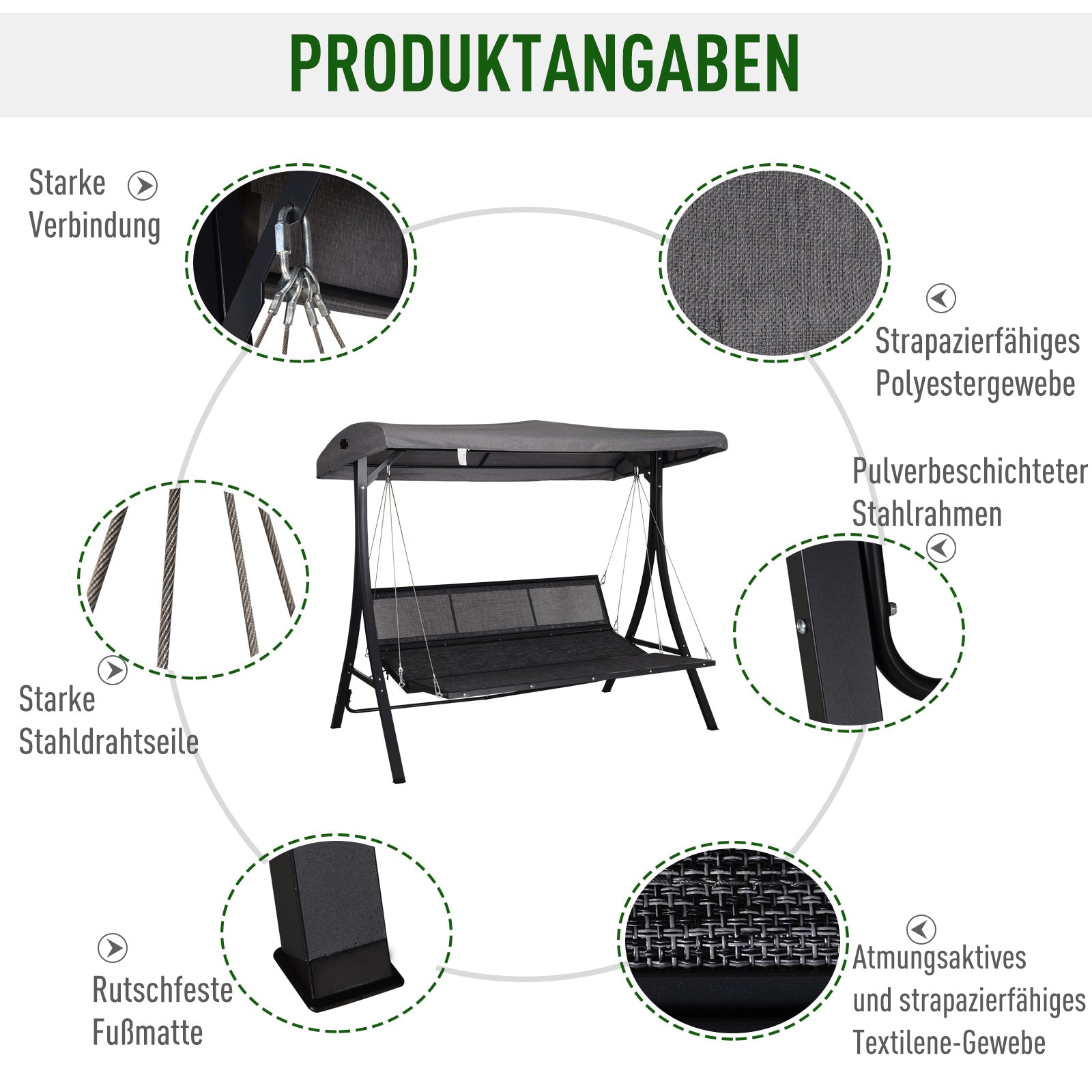 3-Sitzer-Hollywoodschaukel, inkl. Kissen, wetterbeständig, 200 cm x 115 cm x 168 cm
