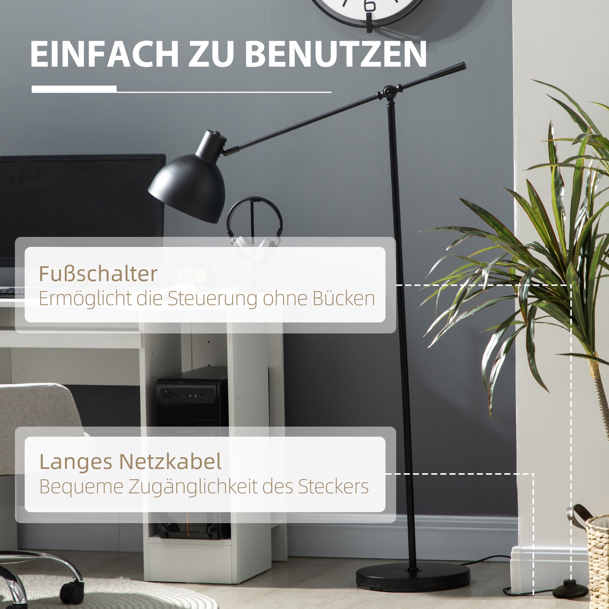 Stehleuchte im Industriedesign, höhenverstellbar, Bodenschalter; 30 m x 30 cm x 131 cm