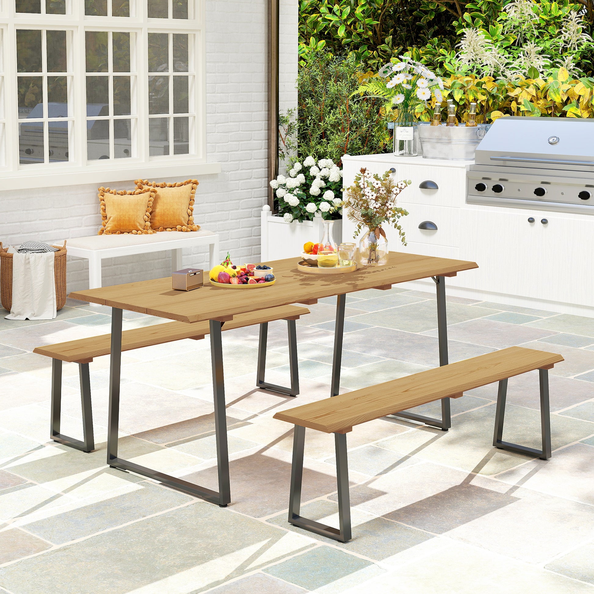 Sitzgruppe 3-teilig Holz für 6 Personen Esstisch mit 2 Bänke Schirmloch Holztisch Naturholz