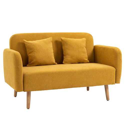 2 Sitzer Sofa mit 2 Wurfkissen, gepolsterter Doppelsofa, Polstersofa mit Samtopik, Armlehne, 130 x 70 x 80 cm, Gelb
