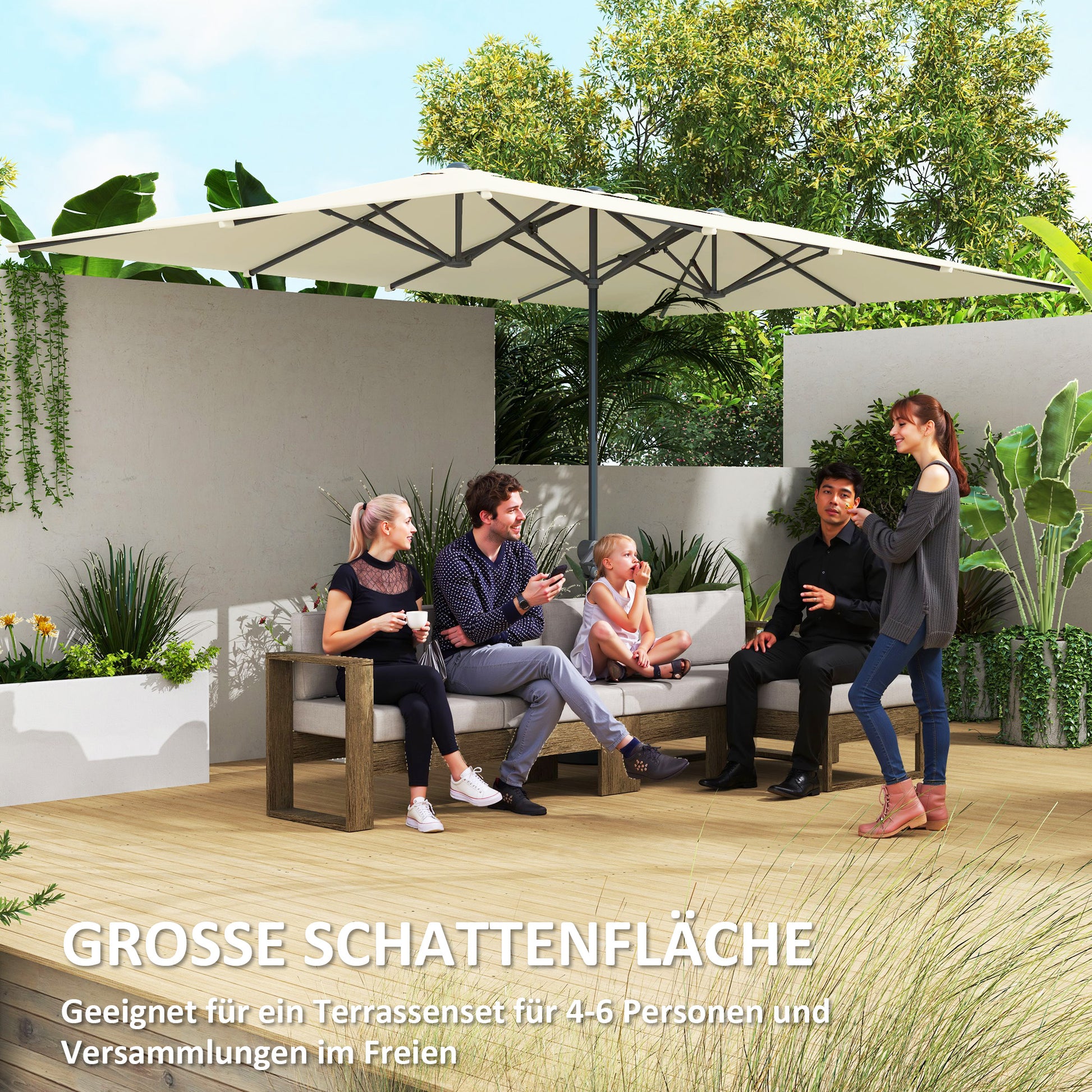 Doppelseitiger Schirm, 451 x 264 cm mit Kurbelsystem, 12 Metallstreben, Aluminiummast