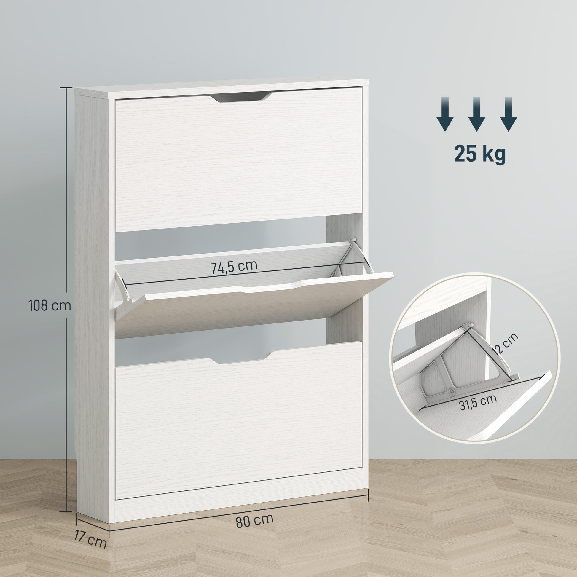 Schuhschrank mit 3 Klappschubladen, für bis zu 12 Paar Schuhe, Spanplatte, 80 x 17 x 108 cm