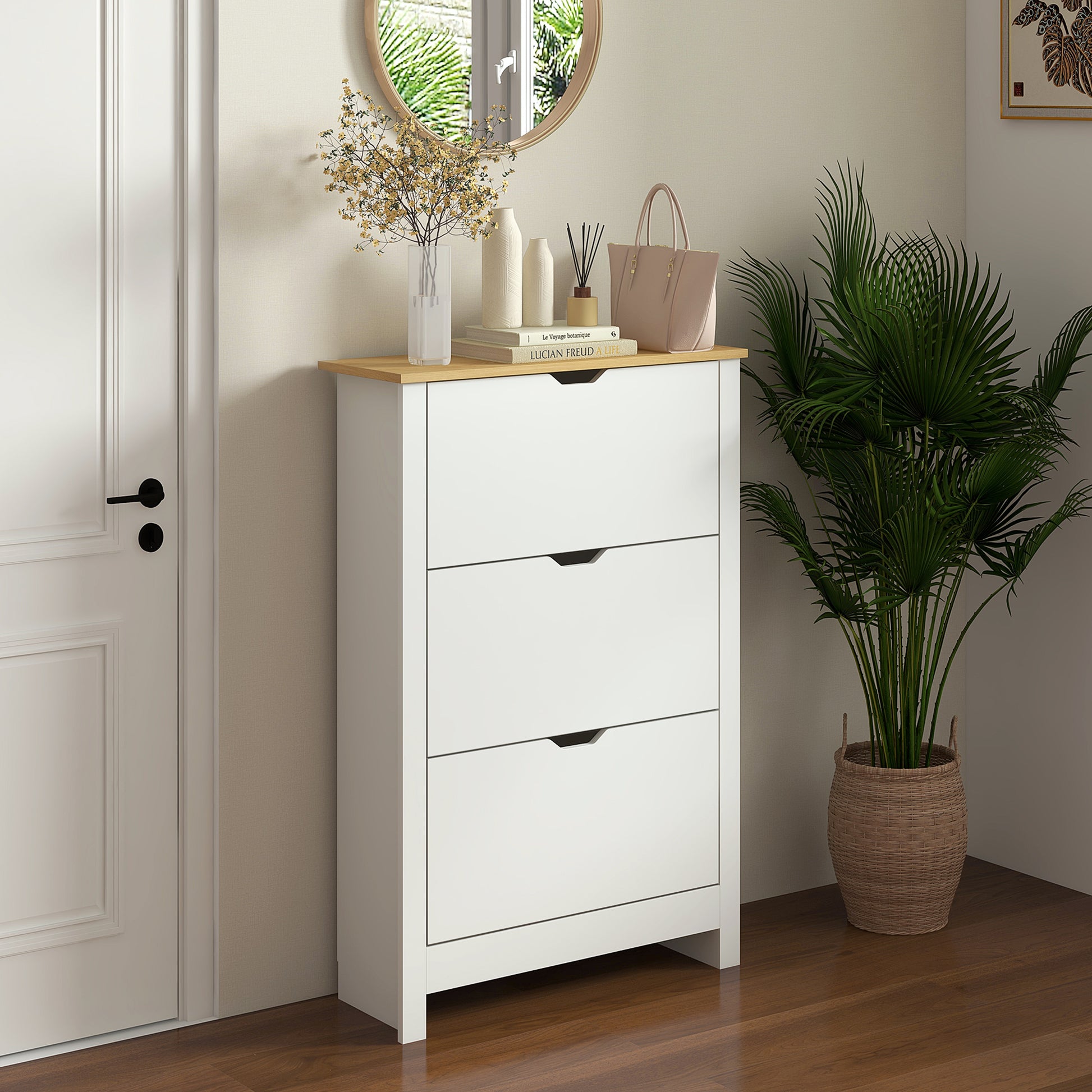 Schuhschrank, 3 Fächer, 18 Paar Schuhe, 72 cm x 26 cm x 112 cm, Weiß + Braun
