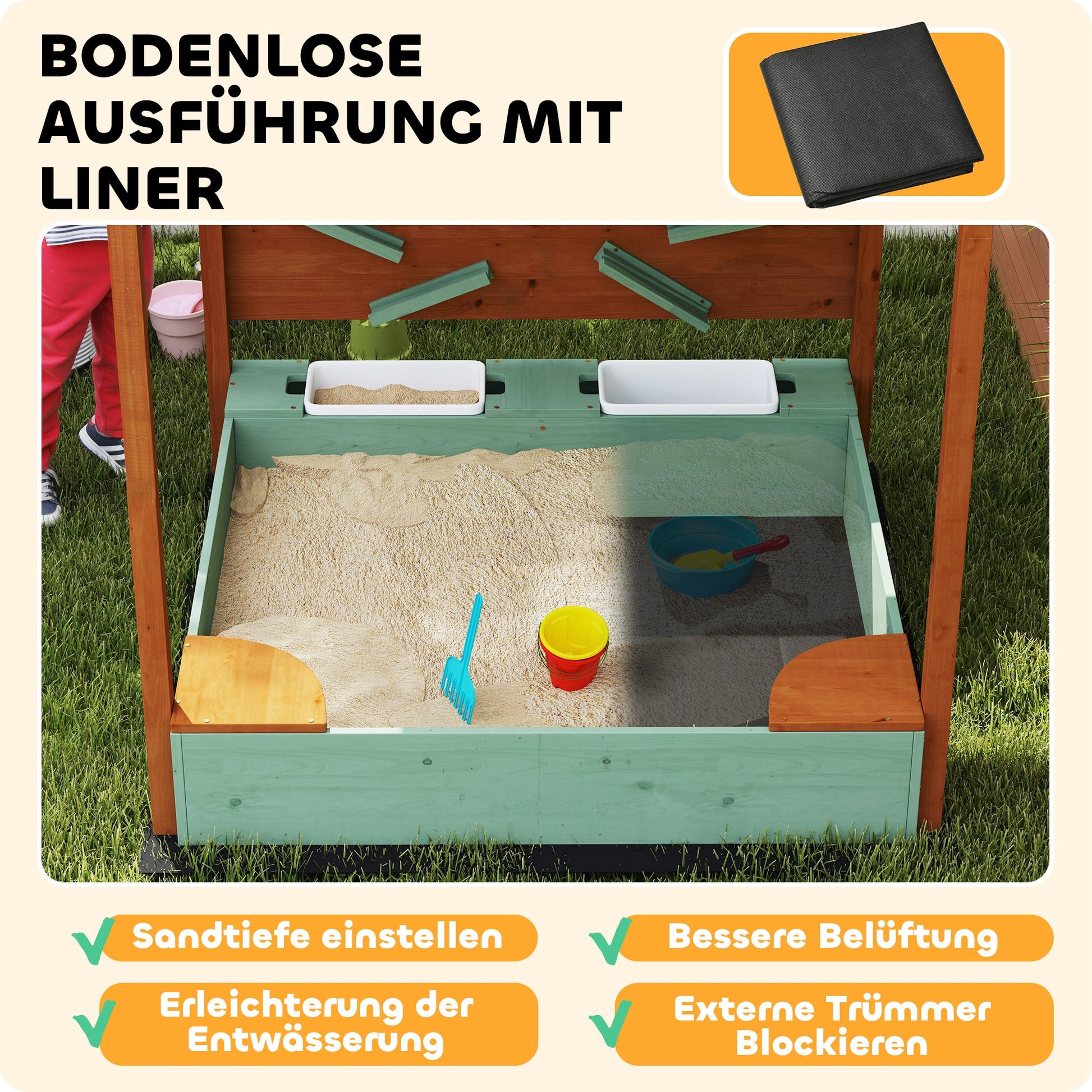 Sandkasten mit Sonnendach für Kinder, 2 Aufbewahrungsbehälter, 116L x 112,5B x 128H cm