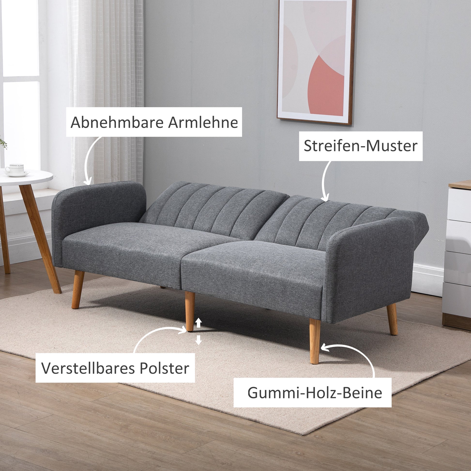 Homcom Schlafsofa 2 Sitze Wohnzimmer mit Rückenlehne in 3 Positionen Grau verstellbar