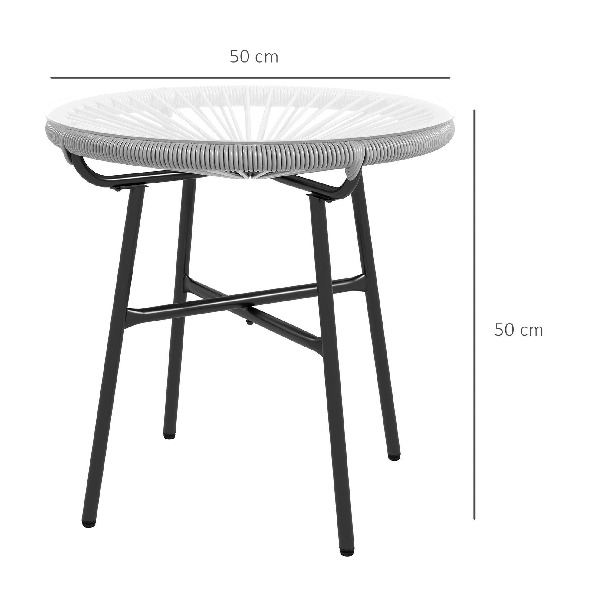 Gartentisch Boho-Stil, PE-Rattan, gehärtetes Glas, wetterbeständig, 50 cm x 50 cm, Grau