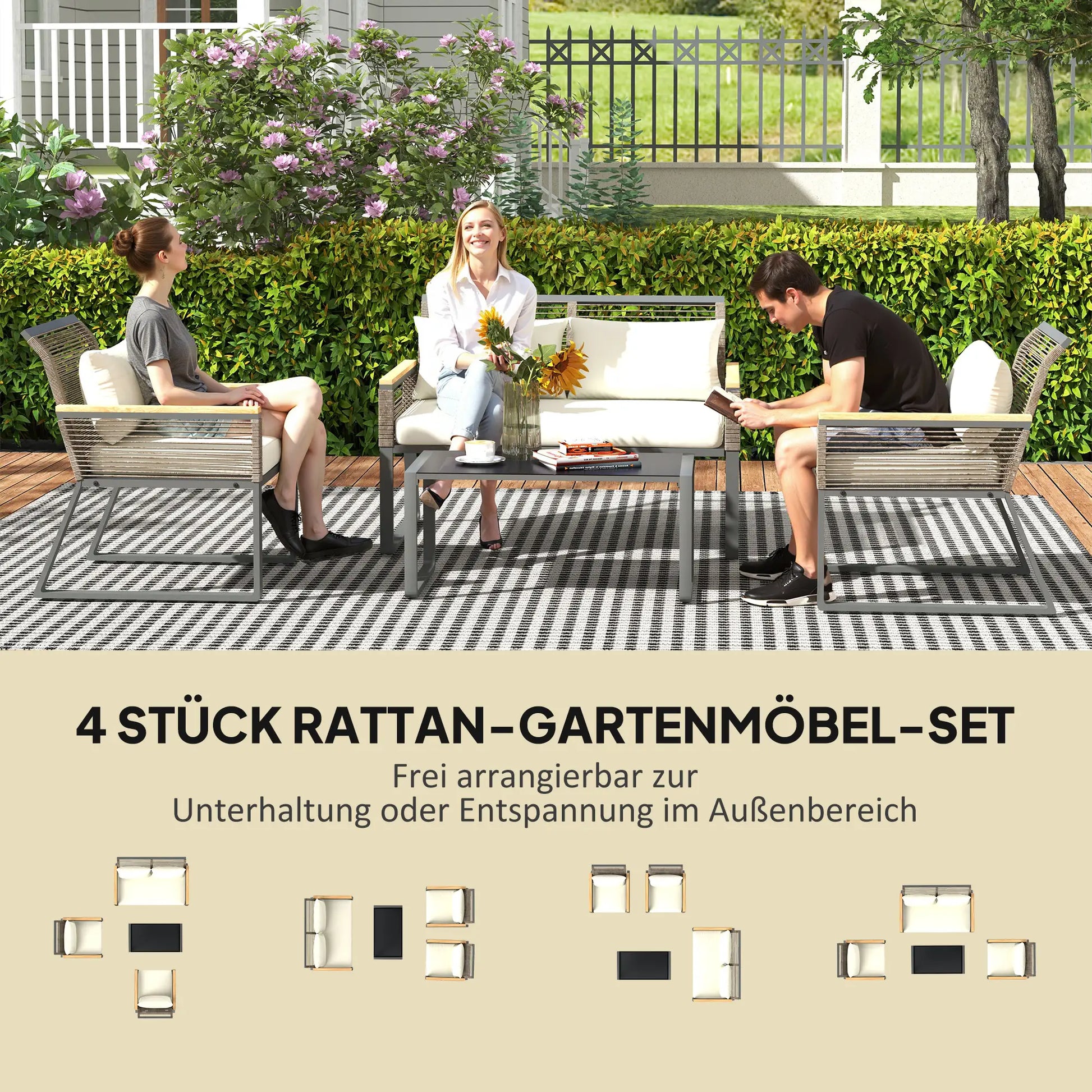 Gartenmöbel Balkonmöbel Set 4 Personen wetterfest mit 2er Sofa, 2 Stühle Glastisch Sitzkissen