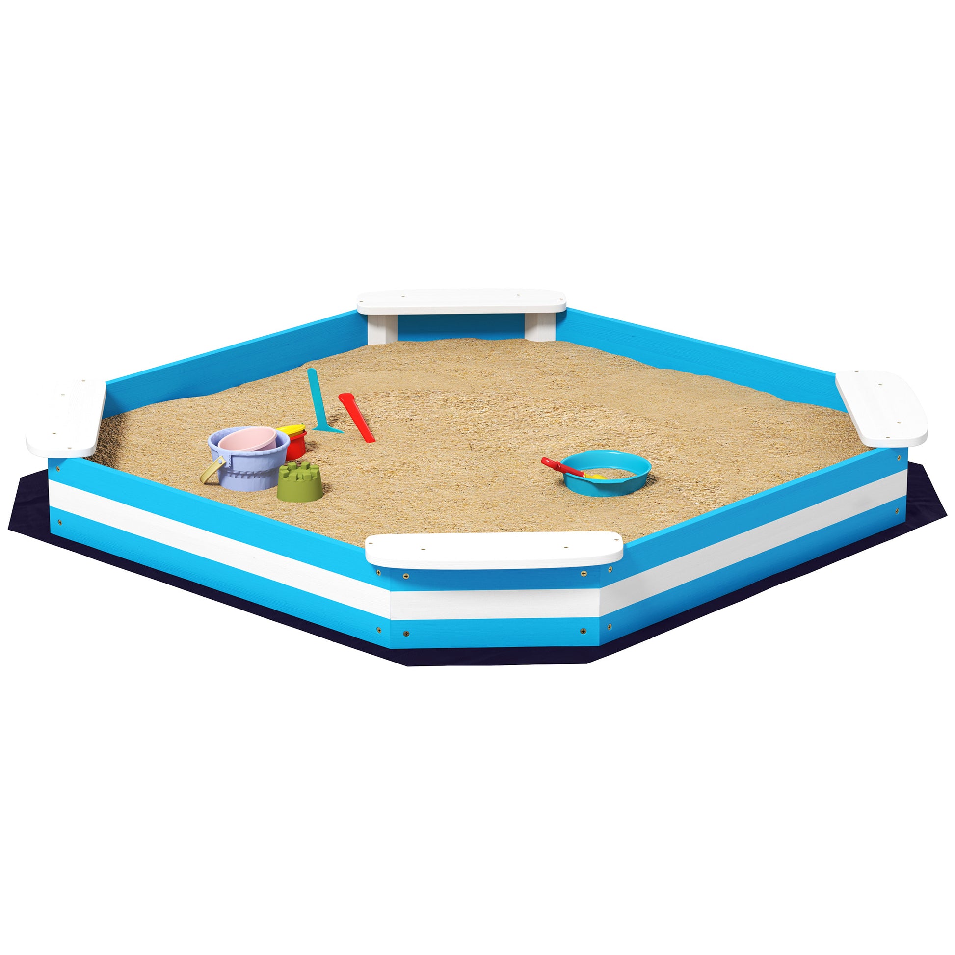 Sandkasten für Kinder, Sandkiste mit 4 Sitzen, Fichtenholz, bodenlos, Blau