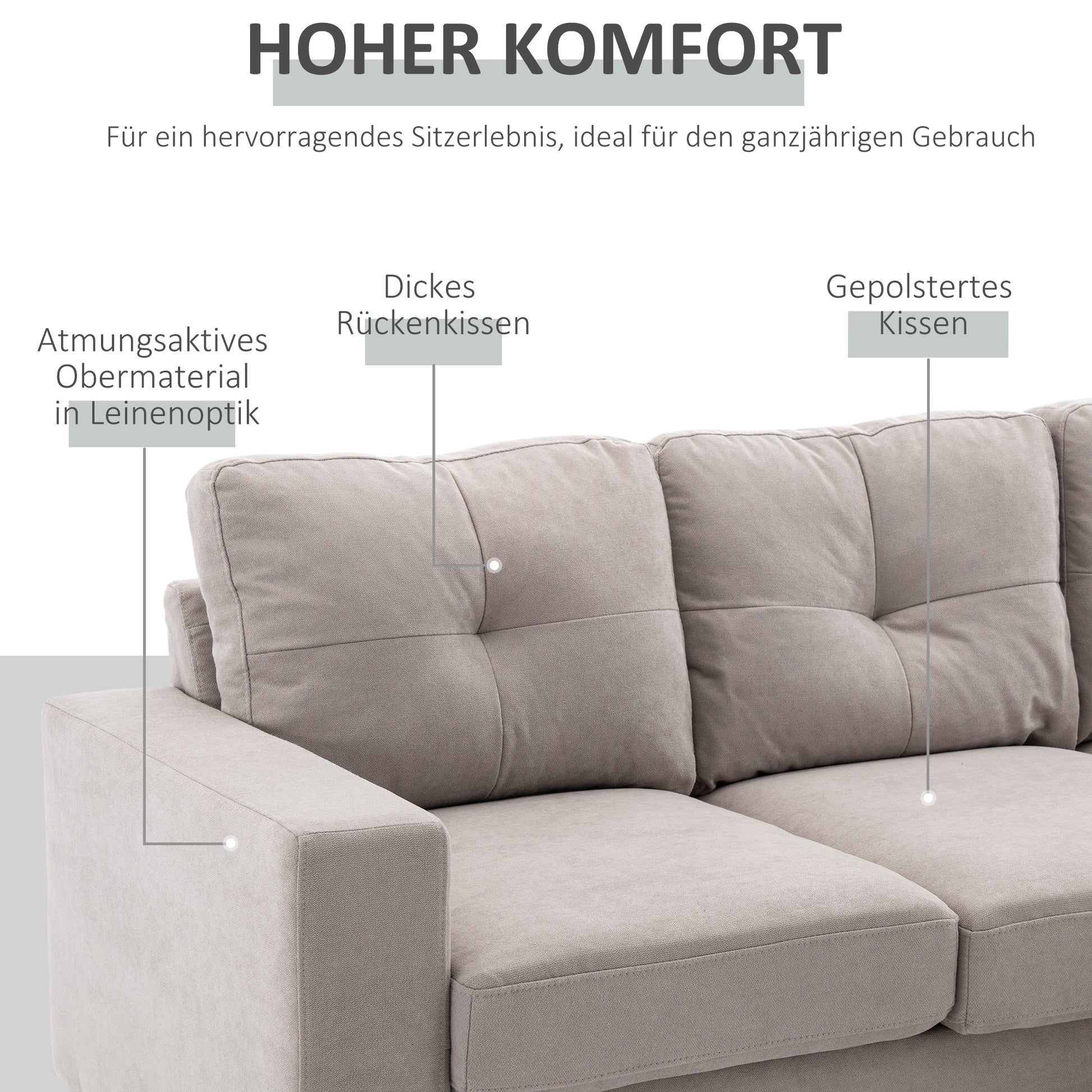 Ecksofa L-Form graue Eckcouch mit Chaiselongue Leinenoptik für 3 Personen 193x136x85cm Heillgrau