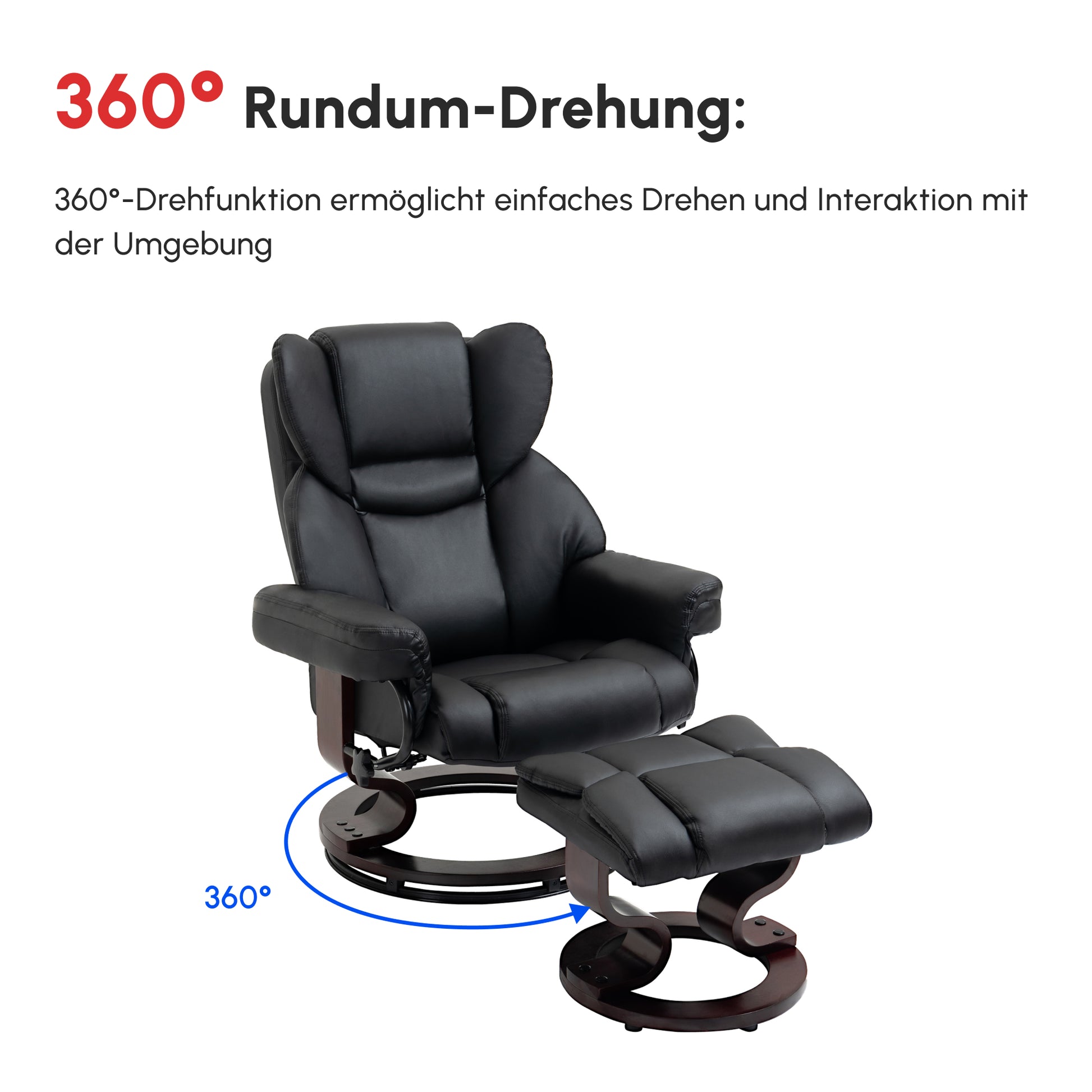 Relaxsessel mit Hocker, Liegefunktion, drehbar, bis 160 kg, Kunstleder, Metallrahmen