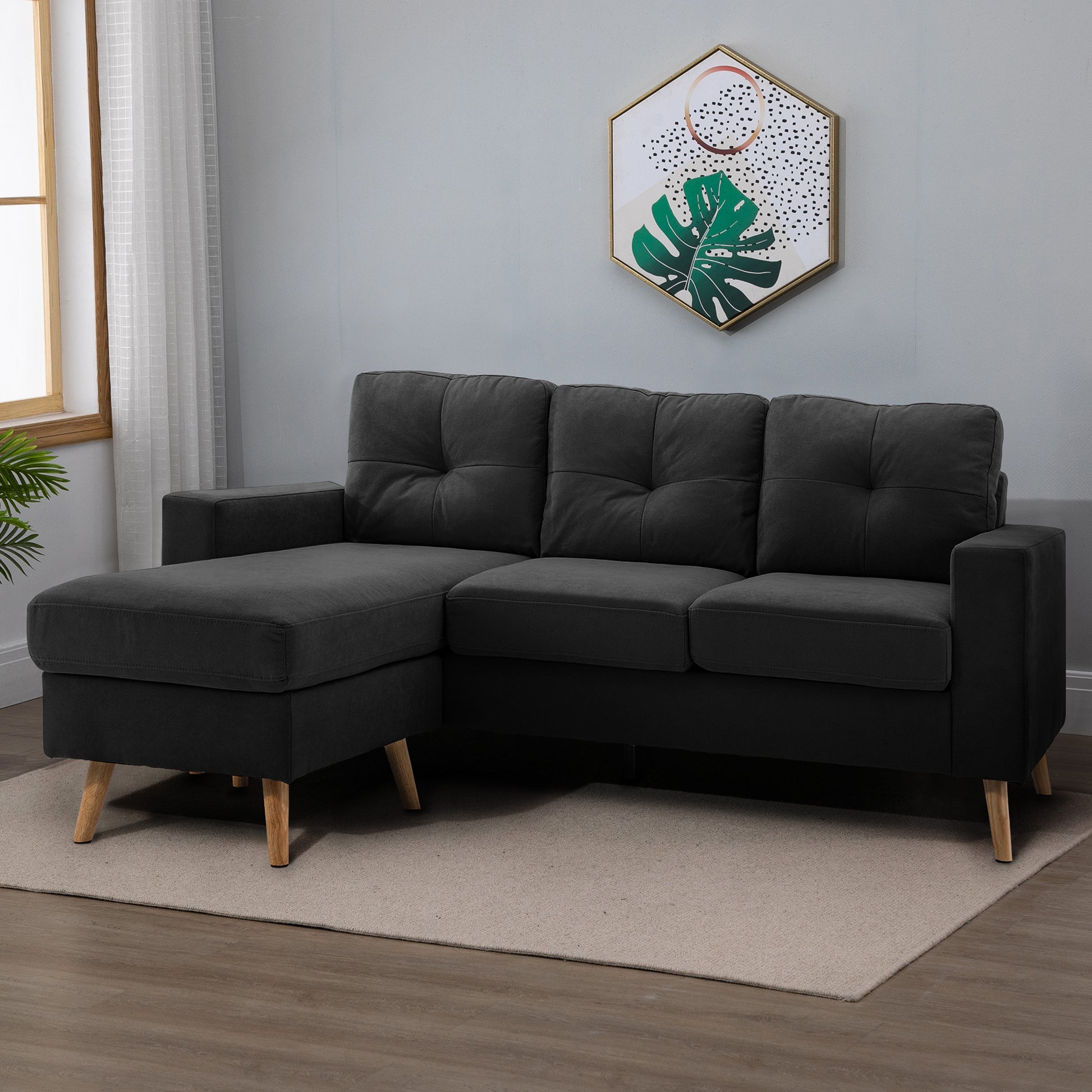 Ecksofa L-Form graue Eckcouch mit Chaiselongue Leinenoptik für 3 Personen 193x136x85cm Dunkelgrau