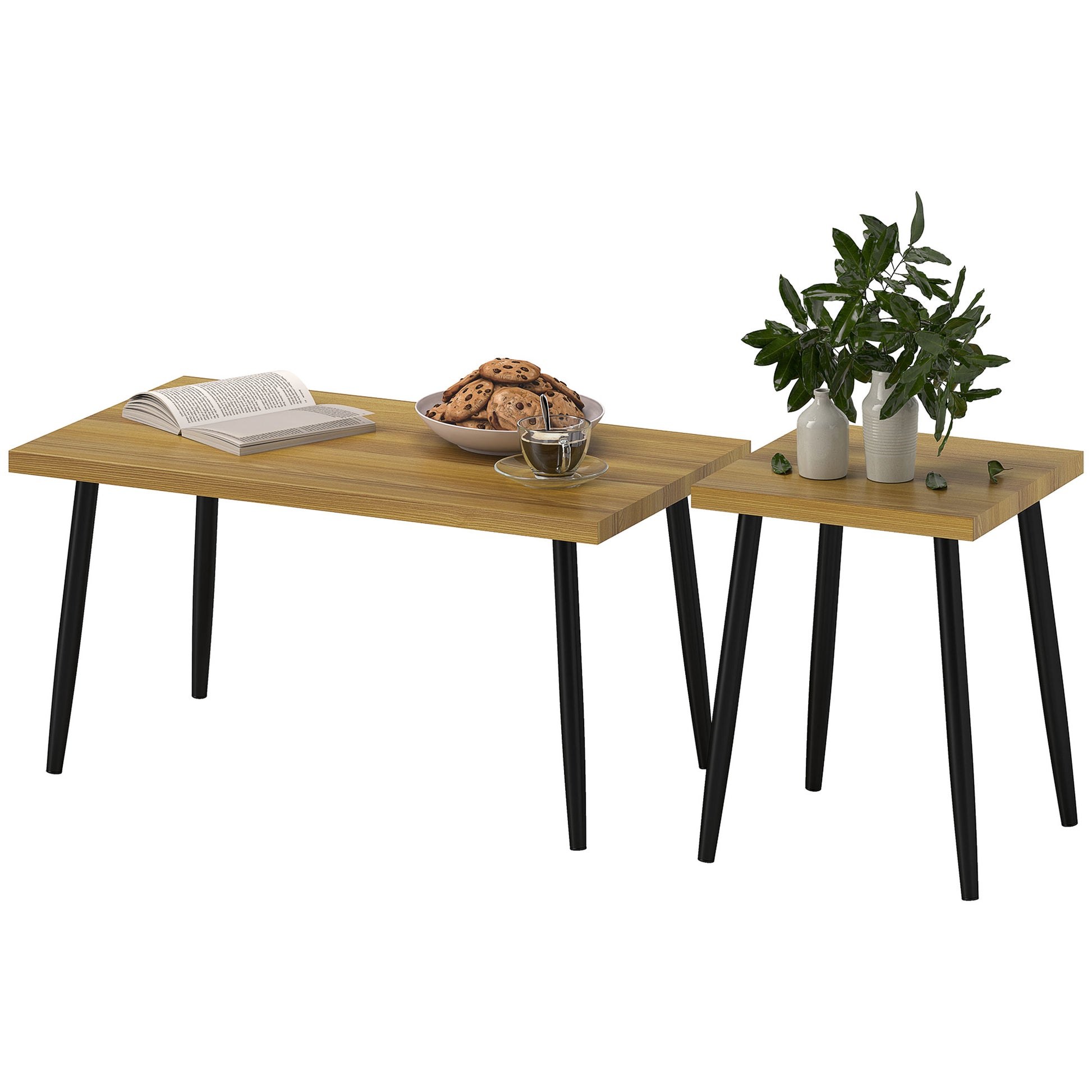 2er-Set Kaffeetische mit Metallrahmen und Holzplatte, Flexible Couchtische, Naturholz
