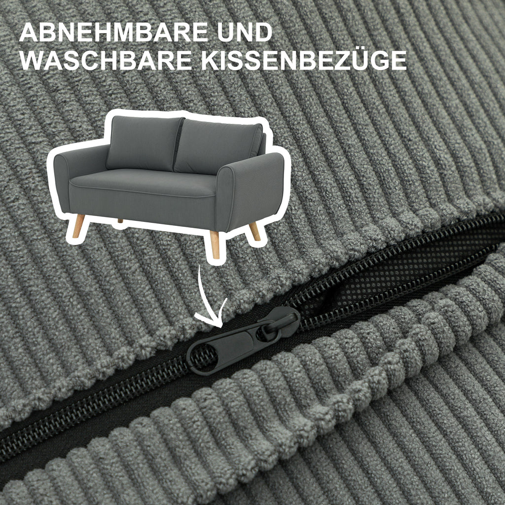 2 Sitzer-Sofa, Stoffcouch, 2 Rückenkissen, Cordbezug, 145 x 75 x 78 cm, Anthrazit