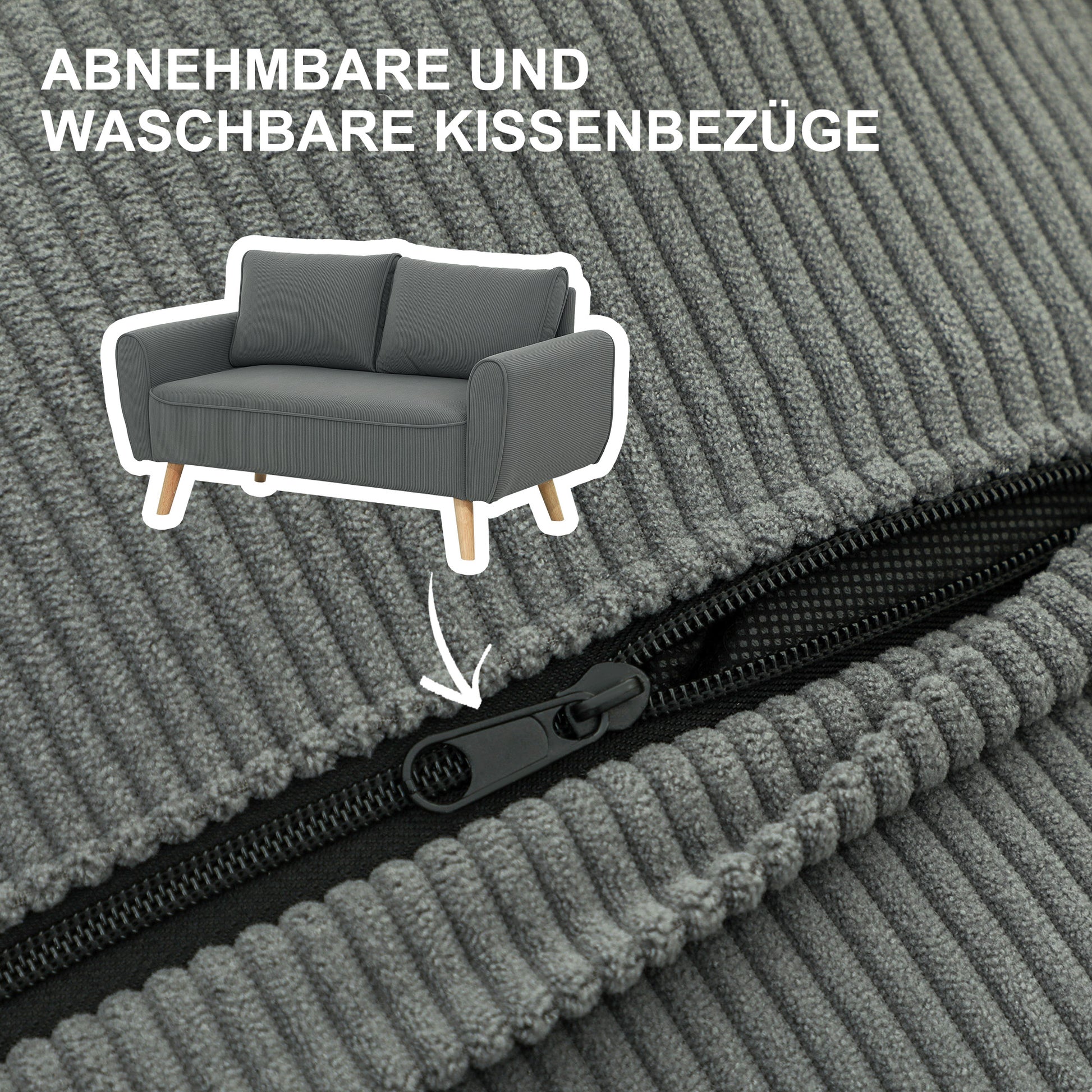 2 Sitzer-Sofa, Stoffcouch, 2 Rückenkissen, Cordbezug, 145 x 75 x 78 cm, Anthrazit