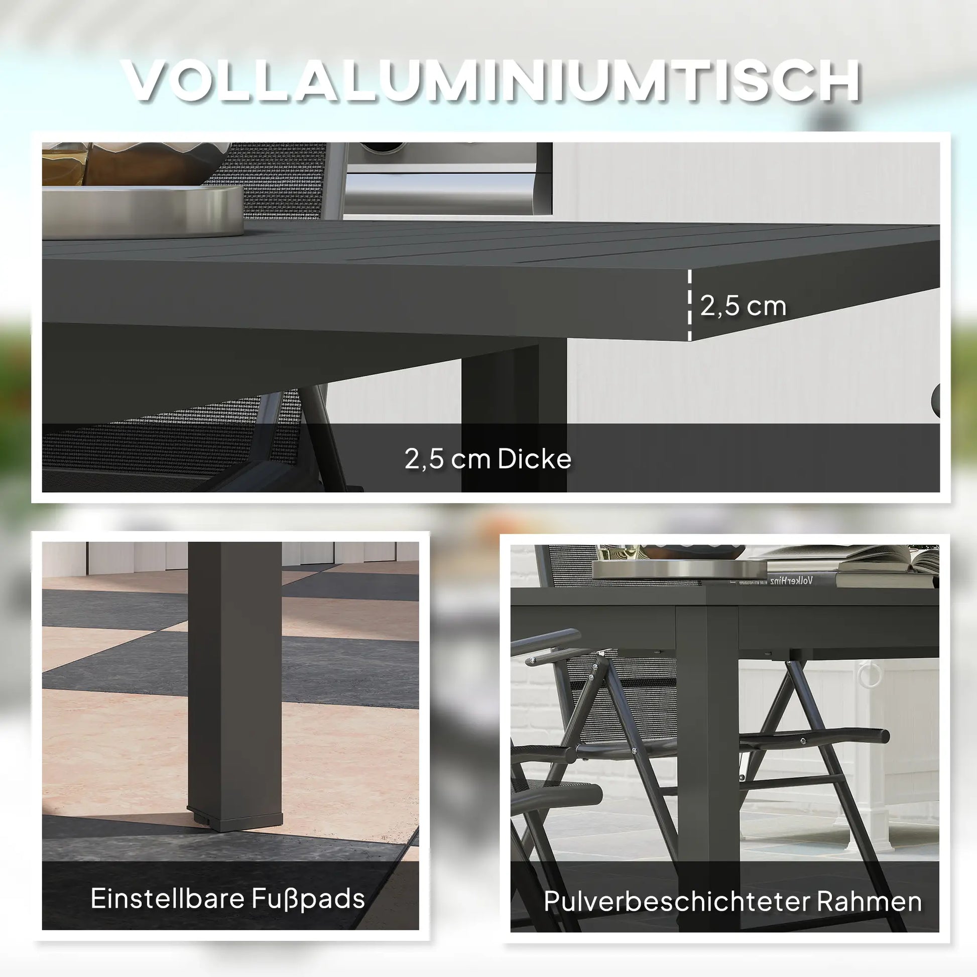 Gartentisch Erweitert Aluminium 160/220x90 cm Wetterfest, rutschfest Balkontisch Grau