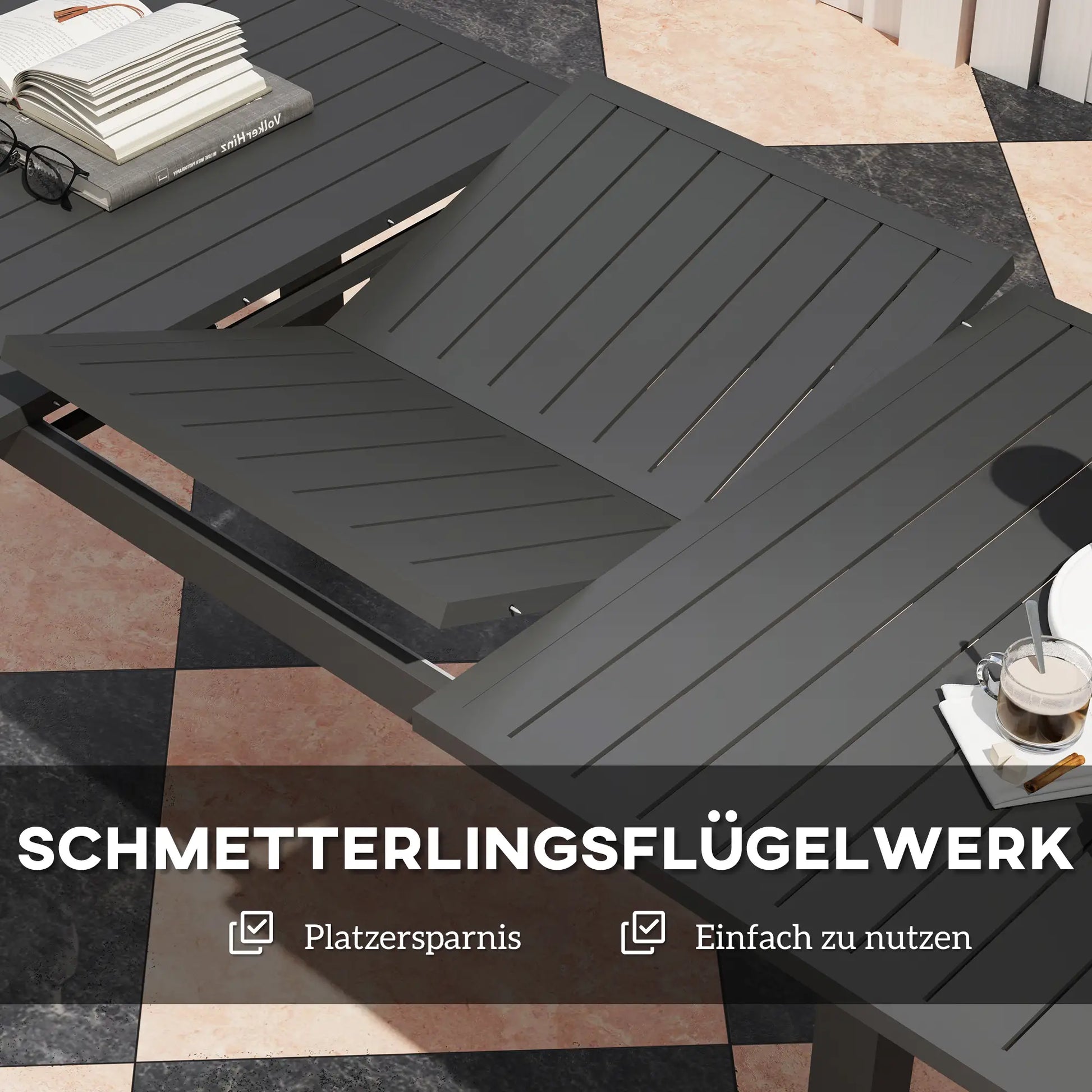Gartentisch Erweitert Aluminium 160/220x90 cm Wetterfest, rutschfest Balkontisch Grau