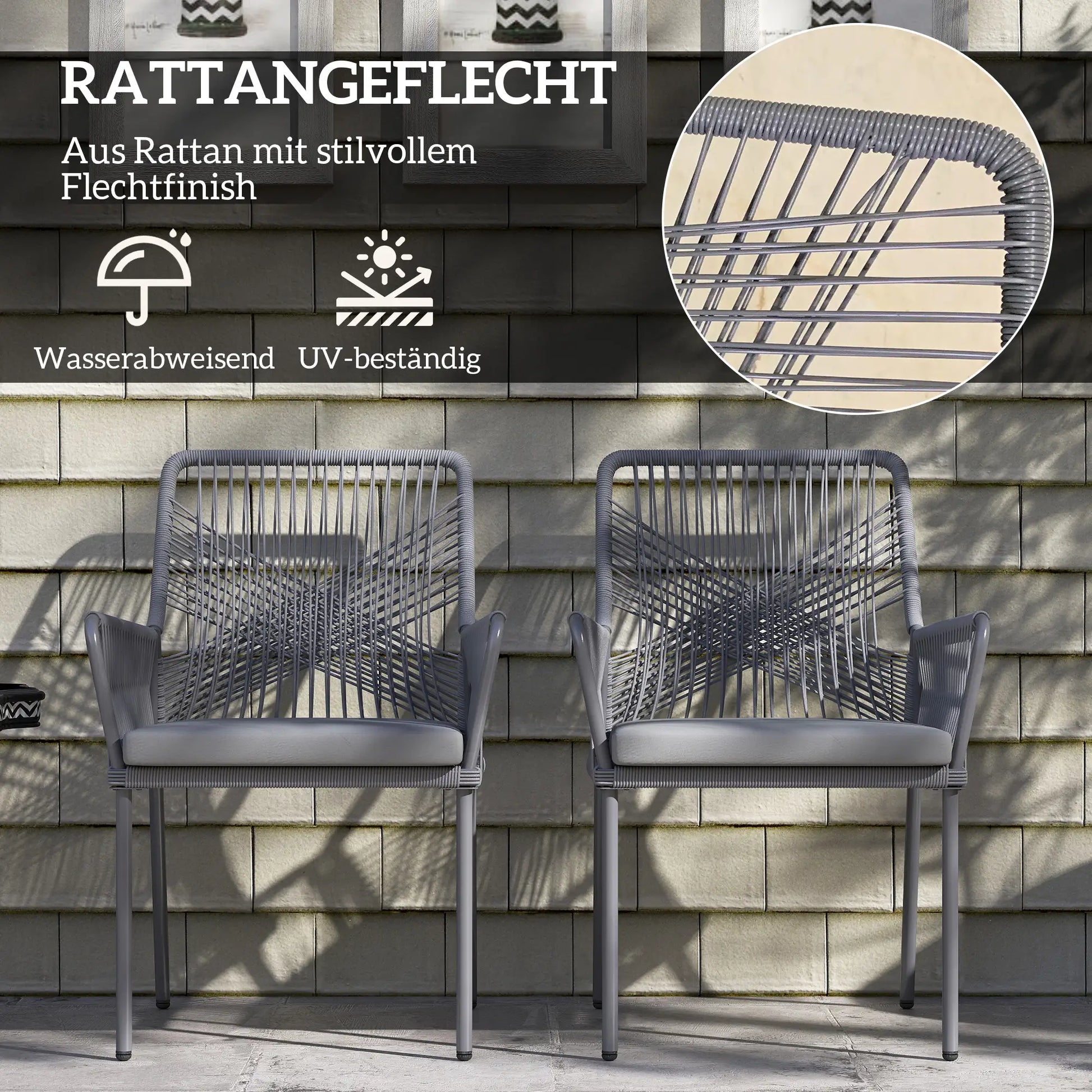 2er-Set Gartenstühle, Terrassenstühle, waschbare Kissen, Stahl, Rattan, Dunkelgrau