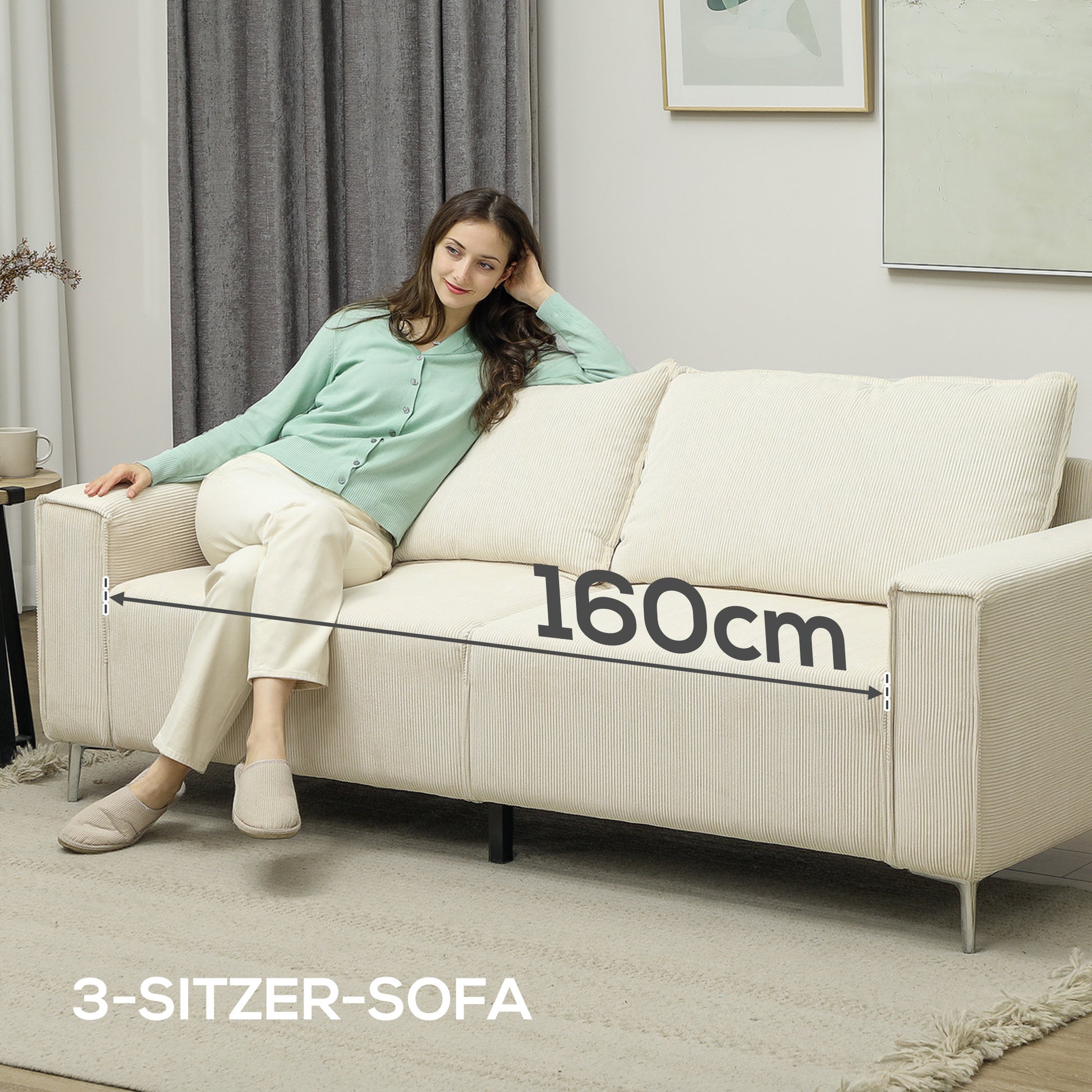 Modernes 3-Sitzer-Sofa, Weiche Couch mit Rückenkissen, 193B x 77T x 80H cm, Cremeweiß