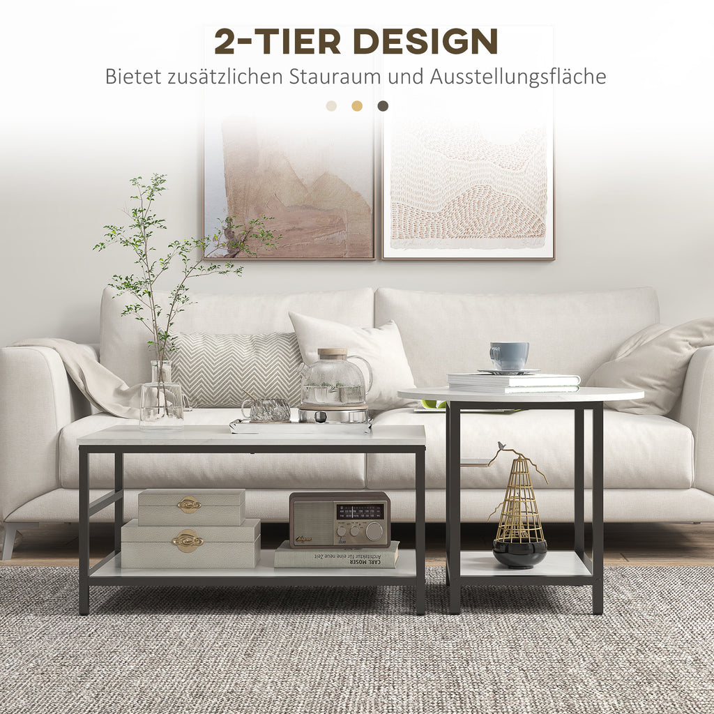 Couchtisch-Set, 2 Beistelltische, Marmoroptik, verstellbare Füße, Stahl, Schwarz/Weiß