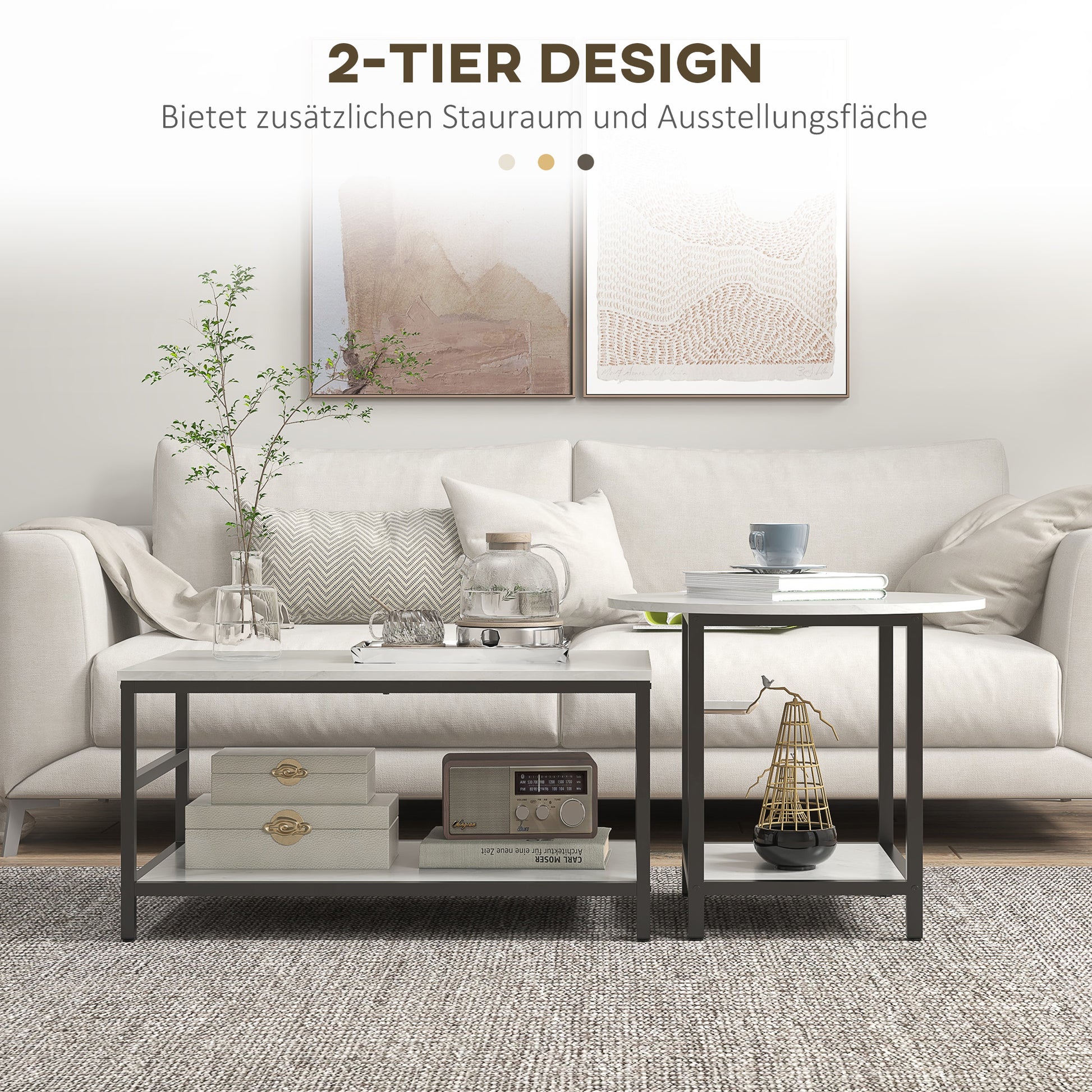 Couchtisch-Set, 2 Beistelltische, Marmoroptik, verstellbare Füße, Stahl, Schwarz/Weiß
