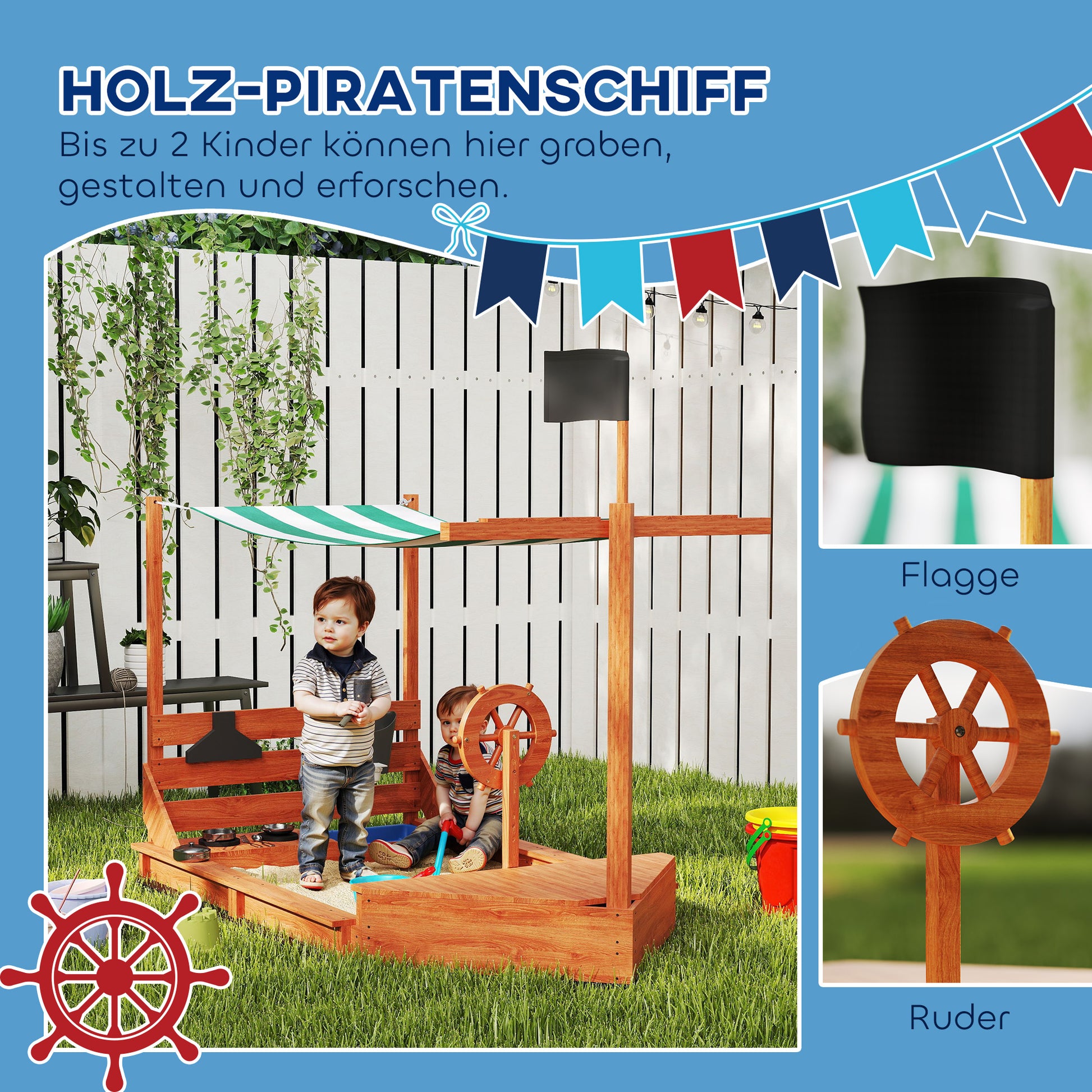 Sandkasten mit Sonnendach Piratenschiff, inkl. Kinderküchenspielset, Massivholz, 180x103x144,5 cm