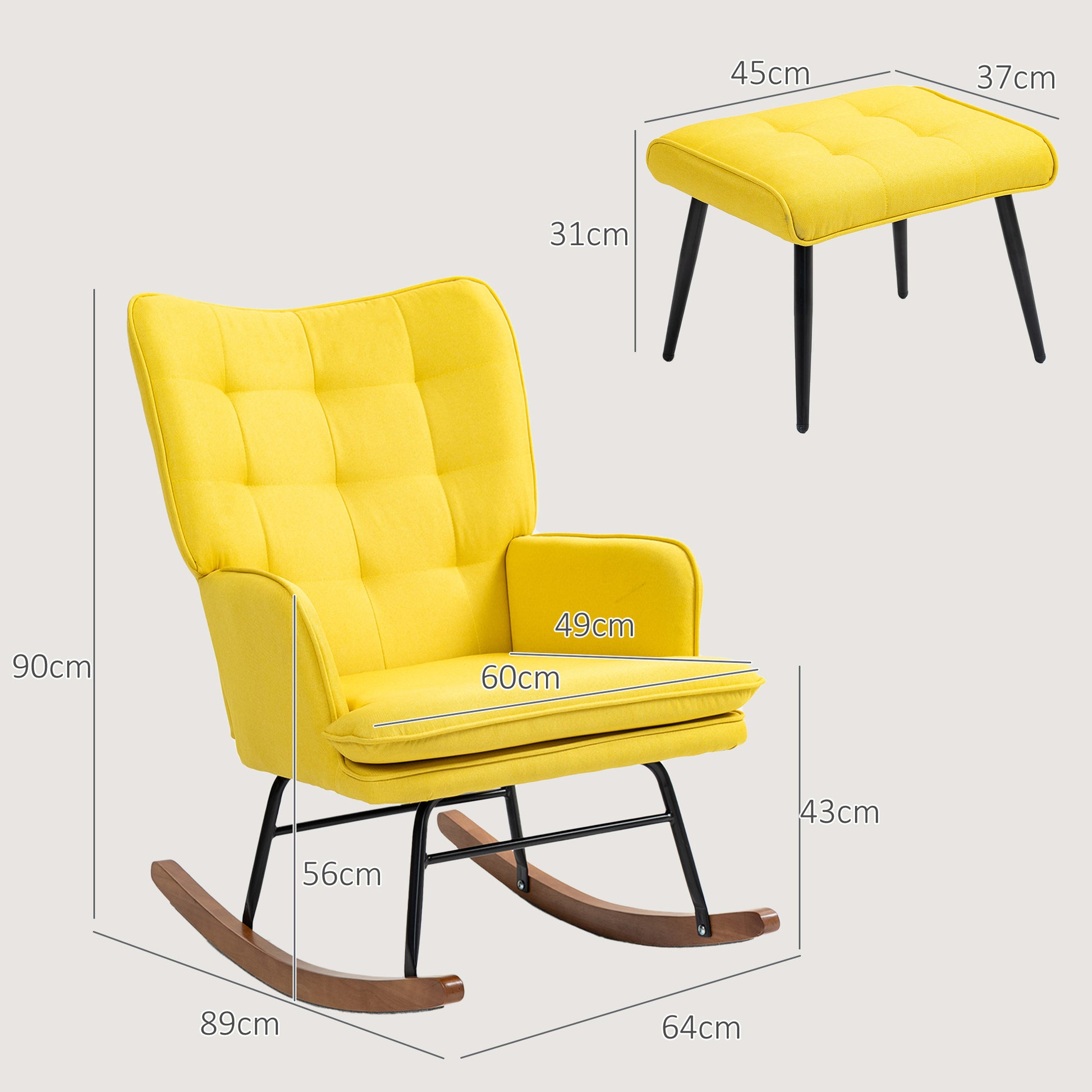 Schaukelstuhl mit Ottomane Skandidesign mit Fußhocker, Buchenholz, Steppung, 64 cm x 89 cm x 90 cm