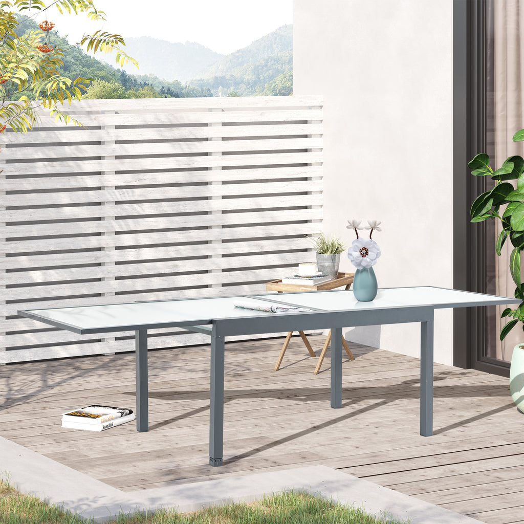 Ausziehbarer Gartentisch mit gehärteter Glasplatte Aluminium Rechteck, Grau Weiß 270 cm