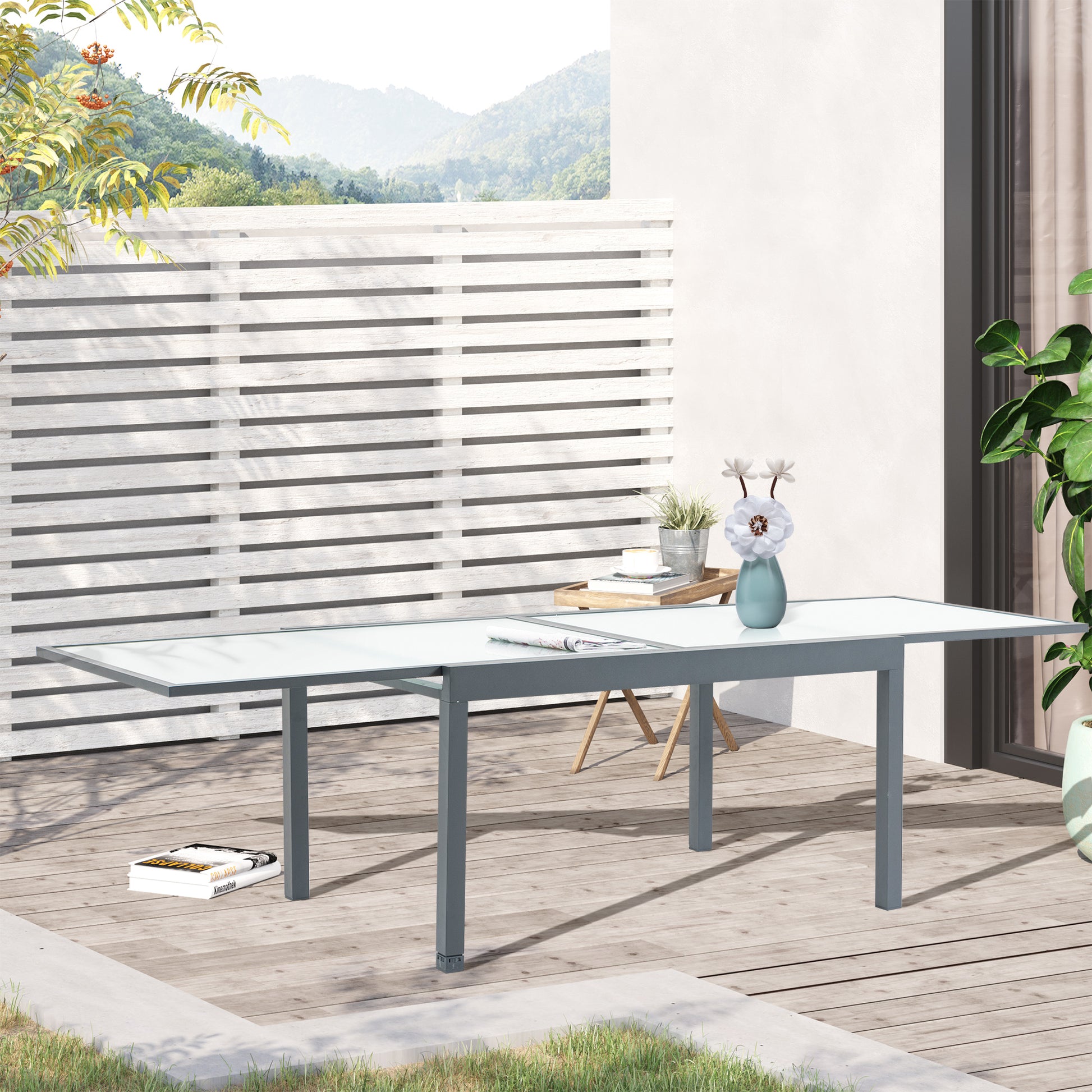 Ausziehbarer Gartentisch mit gehärteter Glasplatte Aluminium Rechteck, Grau Weiß 270 cm