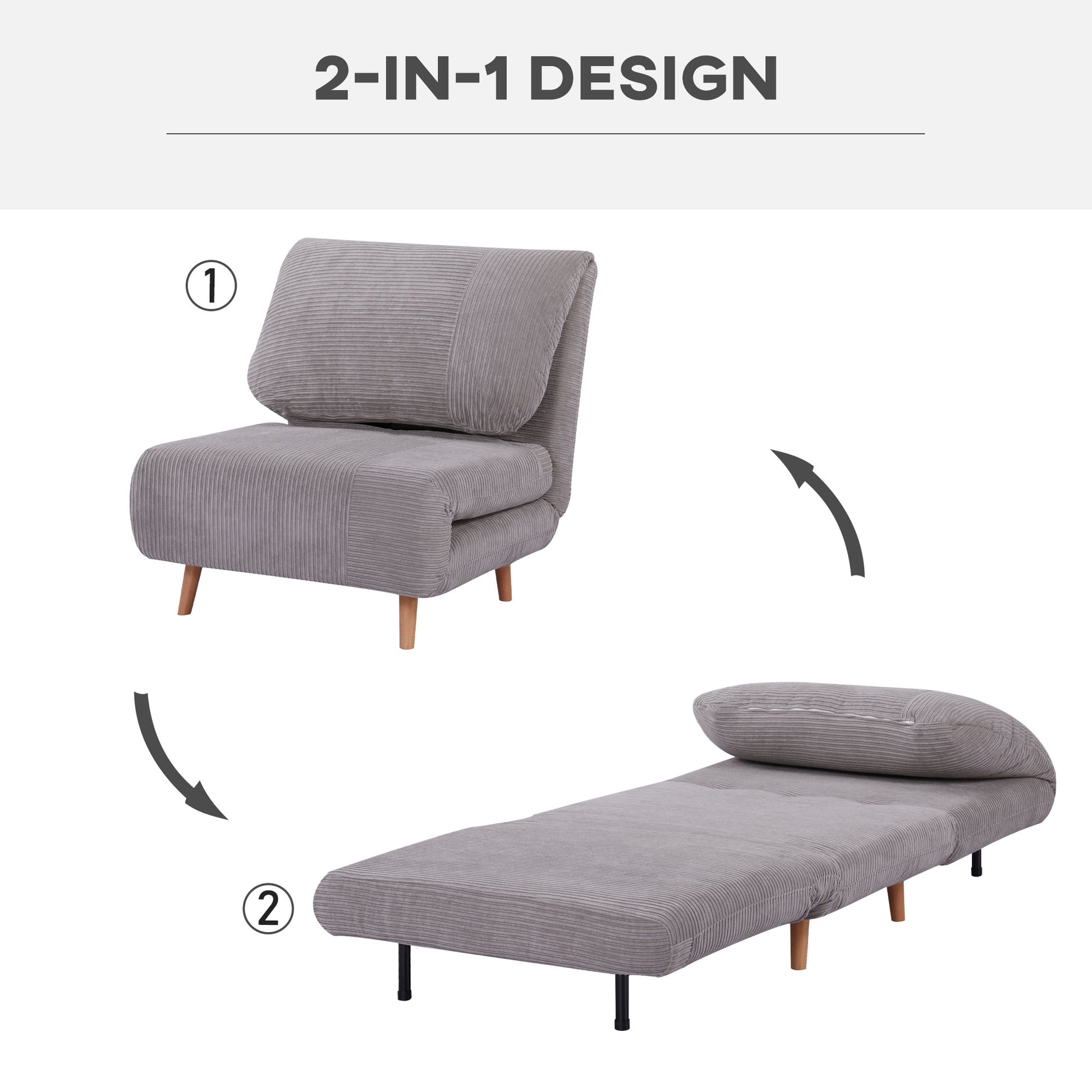 2-in-1 Schlafsessel Gästebett, bis 200 kg, verstellbare Kopfstütze Cord-Optik 82 cm x 8 cm x 83 cm