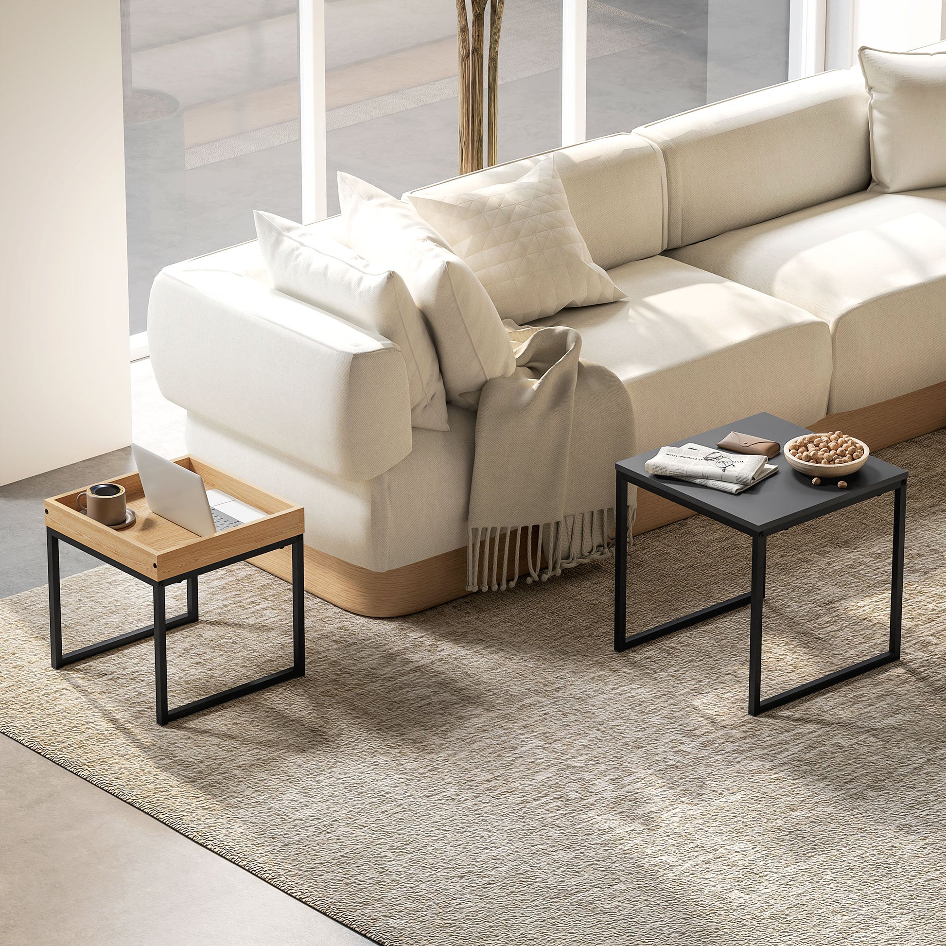 Moderner Couchtisch, 2er-Set Sofatisch, für kleine Räume, Quadratisch, MDF, Metall