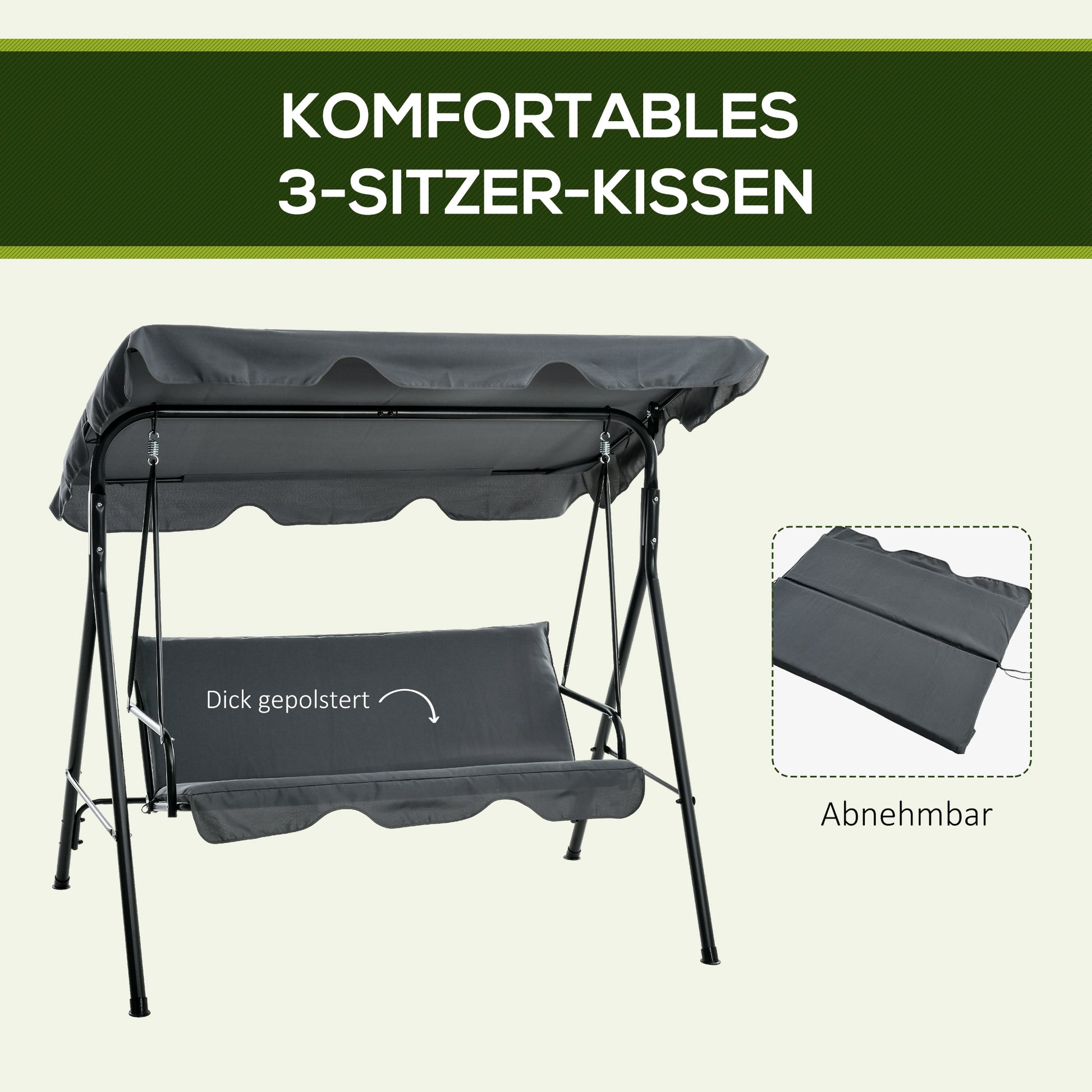 Gartenschaukel, 3-Sitzer Schaukelbank mit Dach, Stahl, 172 x 110 x 153 cm, Grau