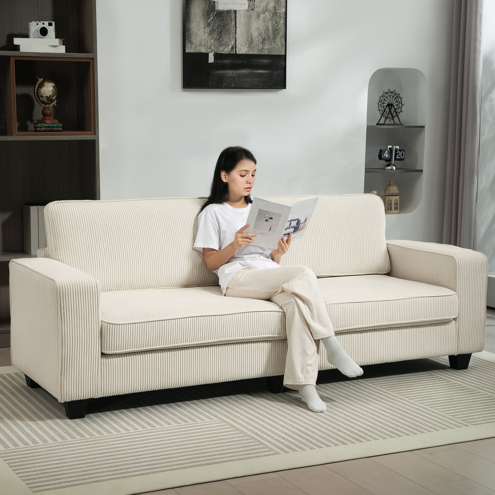 3-Sitzer Sofa mit Cordbezug, bis 400 kg, 227 x 84 x 87 cm, Cremeweiß