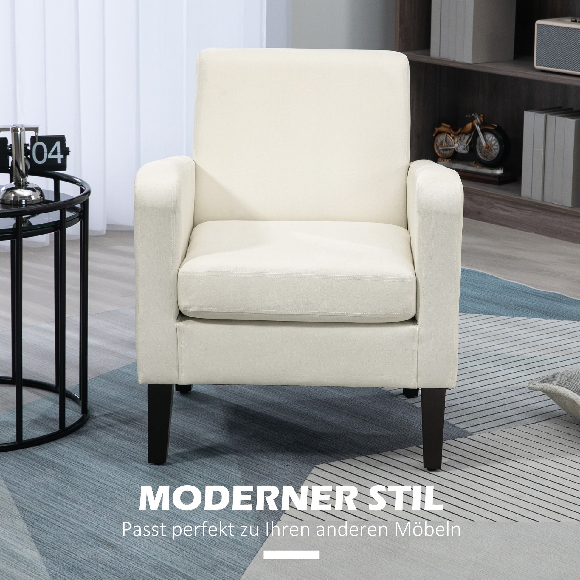 Einzelsessel, Relaxsessel, Polstersessel mit Holzfüßen, Stoff in Leinenoptik, 66 x 72 x 74 cm, Cremeweiß